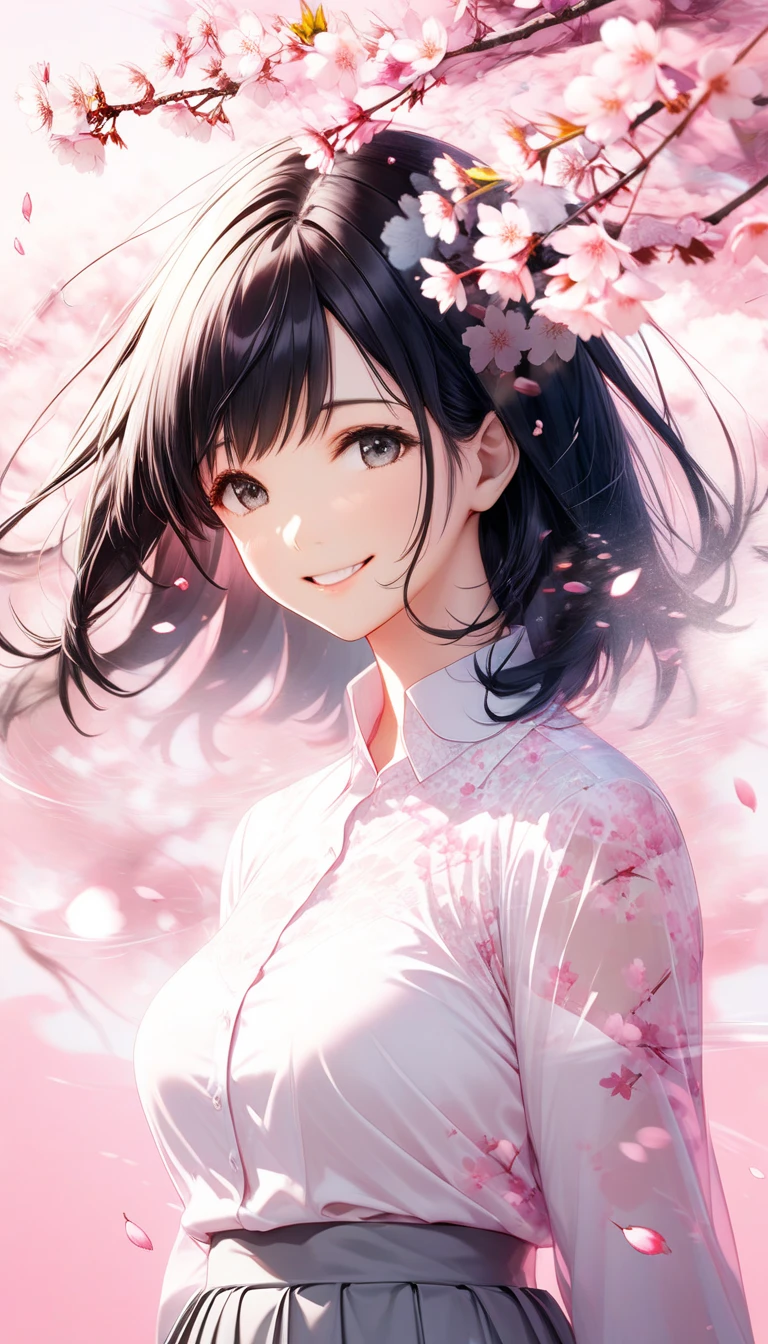 Black-haired beauty, A gentle smile for a lover, looking here, white blouse and gray long skirt, Close-up of upper body, Cherry blossom trees(double exposure:0.6, pink background blur, cherry blossom blizzard effect:1.2)