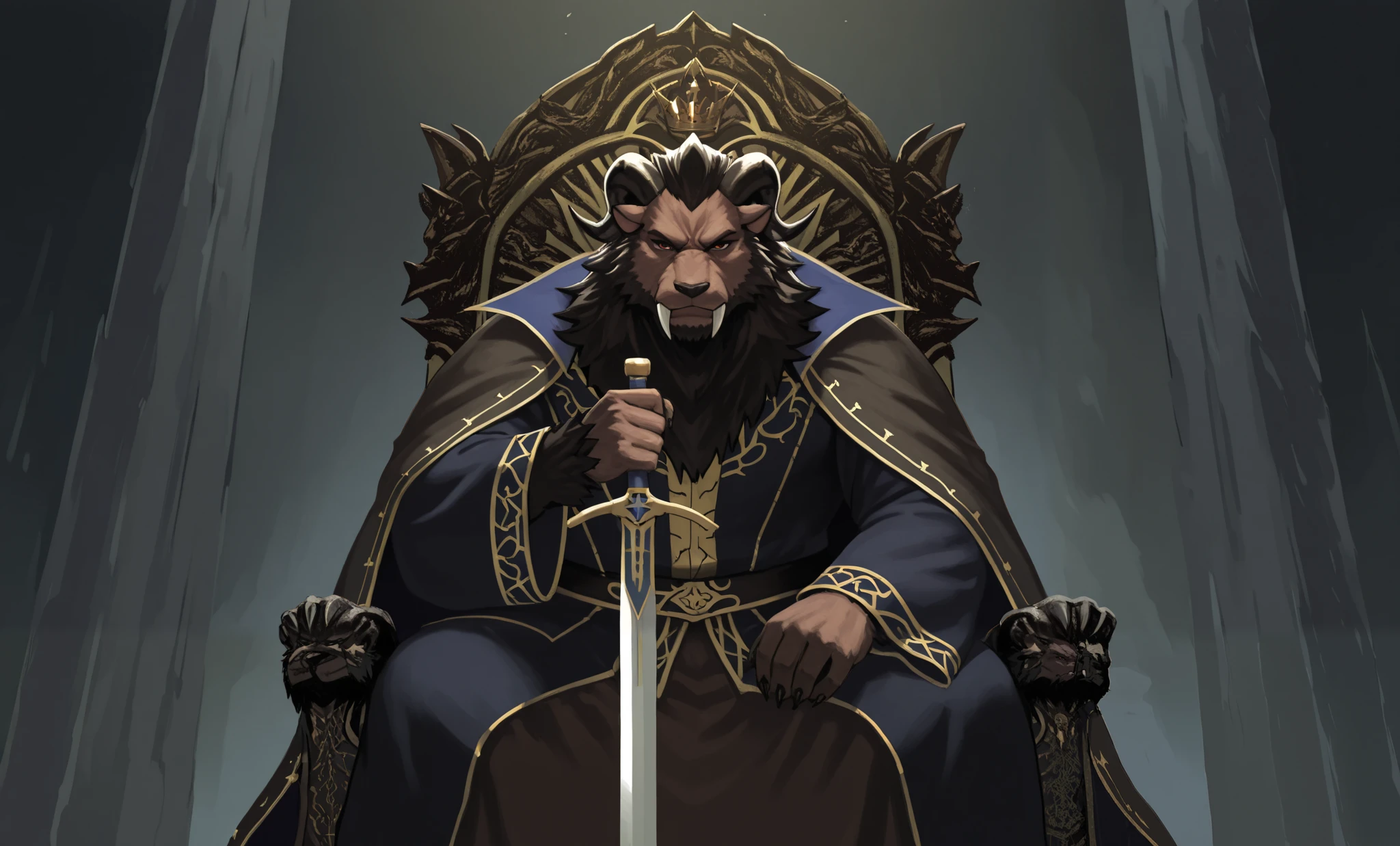 solo, solo king, king Leonhart in strong pose, heroic pose with sword, the body is covered with brown fur, brown thick fur, traditional man, patriarchal man, bearded man, mature man, serious man, stocky, orthodox man, detailed face, large black mane on the neck and chest, black mane, dark brown face fur, dark brown fur, furry, saber-toothed, black mane, black ram horns curved backwards, the body is covered with brown fur, brown thick fur, Leonhart, red pupil eyes, medieval, leonhart, medieval, mighty king standing with sword in hand, king holding hands on sword, masterpiece, medieval style, heroic style, mighty king, beautiful royal robes, royal cloak, heroic style, traditional man, patriarchal man, bearded man, mature man, serious man, stocky, orthodox man, muscular, beautiful body, leonhart in a strong pose, king in strong pose, heroic pose with sword, epic fantasy, legendary hero, myth, realism, ancient, dark fantasy king leonhart sits on throne holding sword