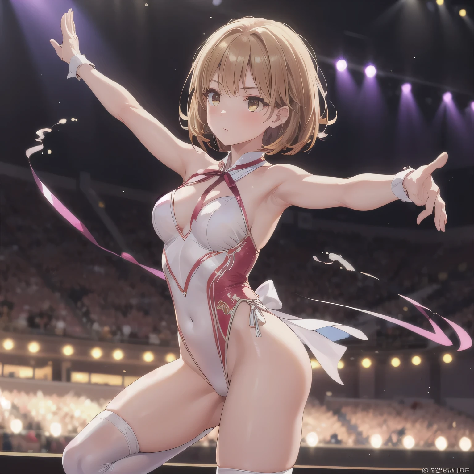 takami chika, pale orange hair, medium hair, (ahoge:0.8), pink eyes,　,live stage, (nsfw, nude, naked, 1girl, solo) , nipple ,empty eyes, (large breasts:1.2) , crying、 whole body　, palace

