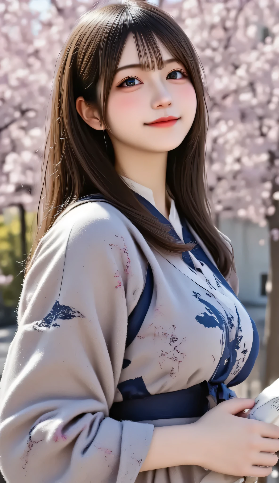 Japanese woman、20th Generation、 University Graduation Ceremony 、Hakama with arrow pattern、Cherry blossom trees、cherry blossoms fluttering in the wind、University auditorium in the background、I'm holding my diploma with both hands、black hair、long hair、hair fluttering in the wind、holding down fluttering hair softly with hands、looking up at the sky a little、high definition、high resolution、Portrait Photography、photo quality、real、cute、masterpiece, anatomically correct, 最high quality DVD, high detail, high quality DVD, 超high definition, textured skin, smiles, Aperture F2.8, full body view