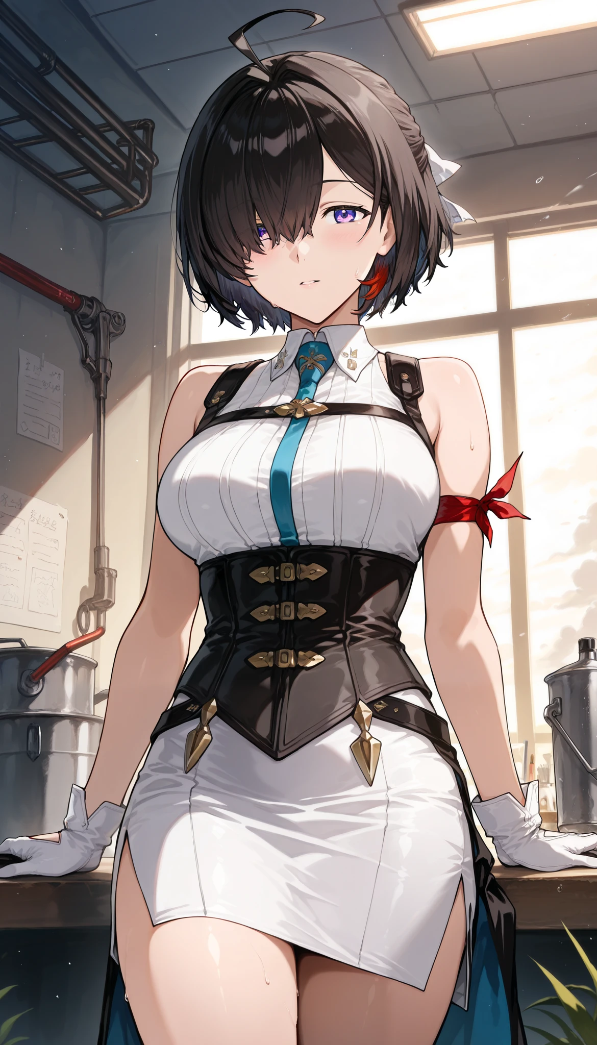 score_9,score_8_up ,score_7_up ,score_6_up ,score_5_up ,score_4_up ,(source_anime), clip skip:2,cowboy shot,(masterpiece:1.3),(extremely detailed CG unity 8k wallpaper),(vivid color:1.2),top quality , amazing quality, high resolution, absurd, very aesthetic, high resolution, (ultra detail), ( 1girl , Yumia Liessfeldt,(hair over one eye),28 years old,Mature Adult Women,white pencil skirt,side slit,corset, gloves, shoulders,workshop \(series\) ,Alone, (masterpiece), best quality, amazing quality, very aesthetic, absurdres, newest, Artist: Isakata Souji