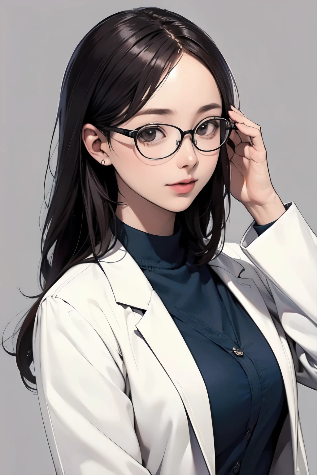 A woman with glasses and a white jacket is posing for a picture - SeaArt AI