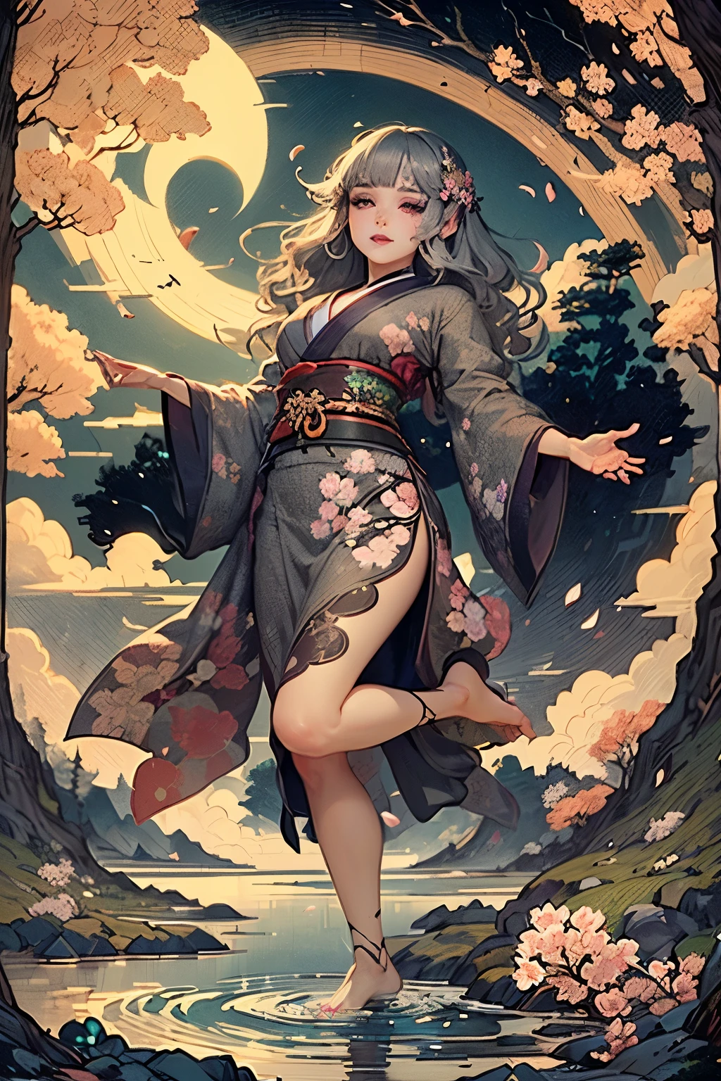 (Ultra-detailed face, Looking away, Gothic Illustration, Dark tone colors. She has five fingers on her hands and five toes on her feet.), BREAK
(Japanese classical picture scroll picture style. Fantastic. Mysterious. Mysterious. Contrasts of light and shadow. A view of a stream with cherry blossom trees in full bloom on both banks is depicted from the perspective of looking up from below.), BREAK
(A nymph in the form of a dark elf smiles and twists her body in the center of the stream, dancing a dance celebrating spring with bold and classical movements. The wind is blowing and many cherry petals are dancing.), BREAK
(She has gray hair, gray eyebrows, blunt bangs, very long wavy hair, small pink lips, lavender eyes, dark gray skin, and eyeliner.), (She wears a Japanese kimono with layers of lace fabric in a cherry blossom pattern. She is wearing a red skin lintel. Barefoot. She wears bells on her ankles.)