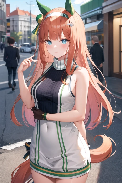 silence suzuka \(umamusume\), at office in background, looking at viewer, ((MILF)) 1girl wearing microdress, green bodycon, blush, beautiful eyes, cleavage, (flat chest:1.2), navel, fishnet stockings, thick thighs, (face focus), evil smile masterpiece, best quality, glowing skin, mature figure, voluptuous body, voluptuous breasts, perfect body, wide hips, from the front, (chromatic aberration, intricate details), dynamic poses, dynamic angle, 40K, HDR, highres, (sfw), safe for work, fully clothed,