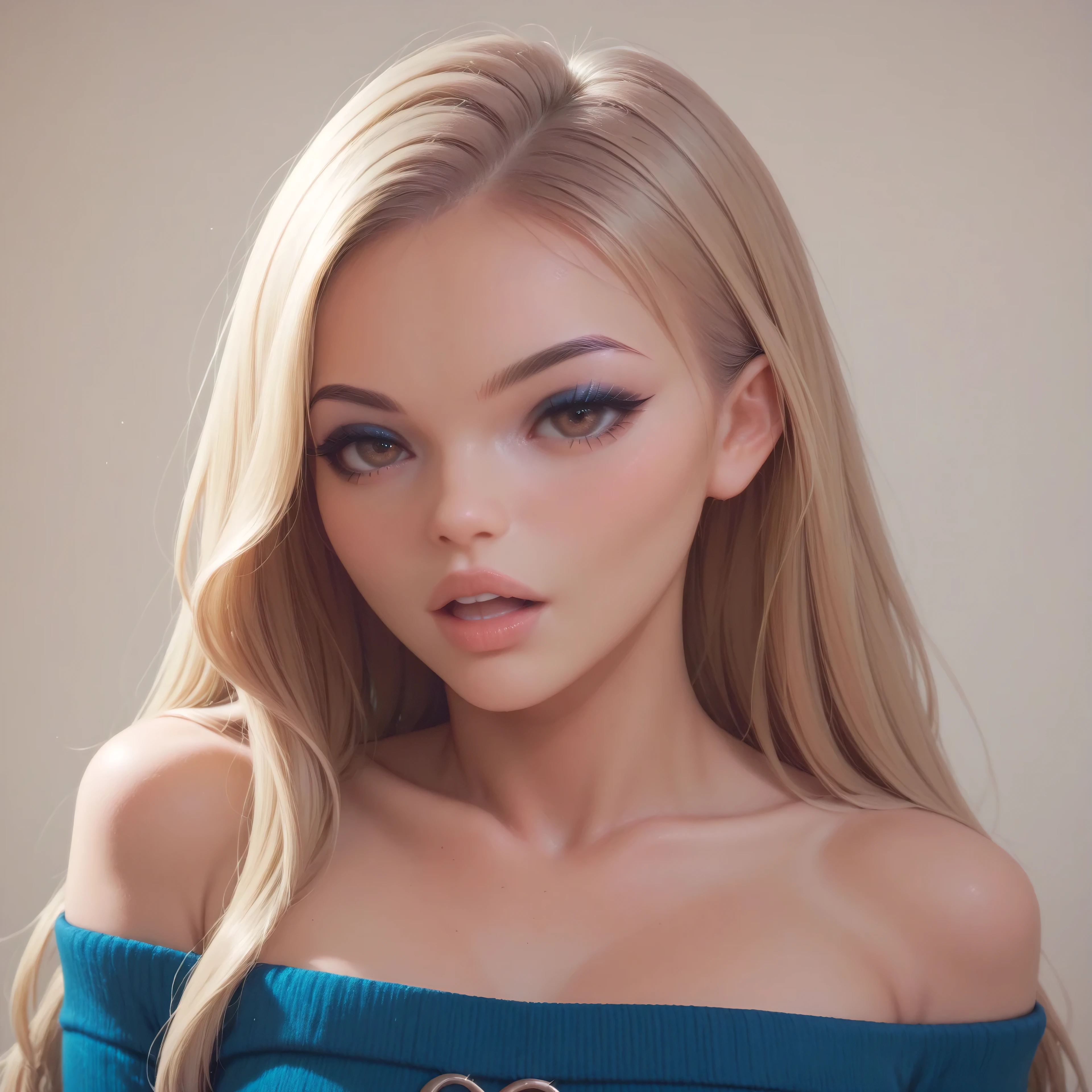 girl, long hair, blonde hair, brown eyes, blue eye shadow, black eyeliner, portrait, front view, aparted lips, upper teeth only, bare shoulders, blue sweater, blue coker