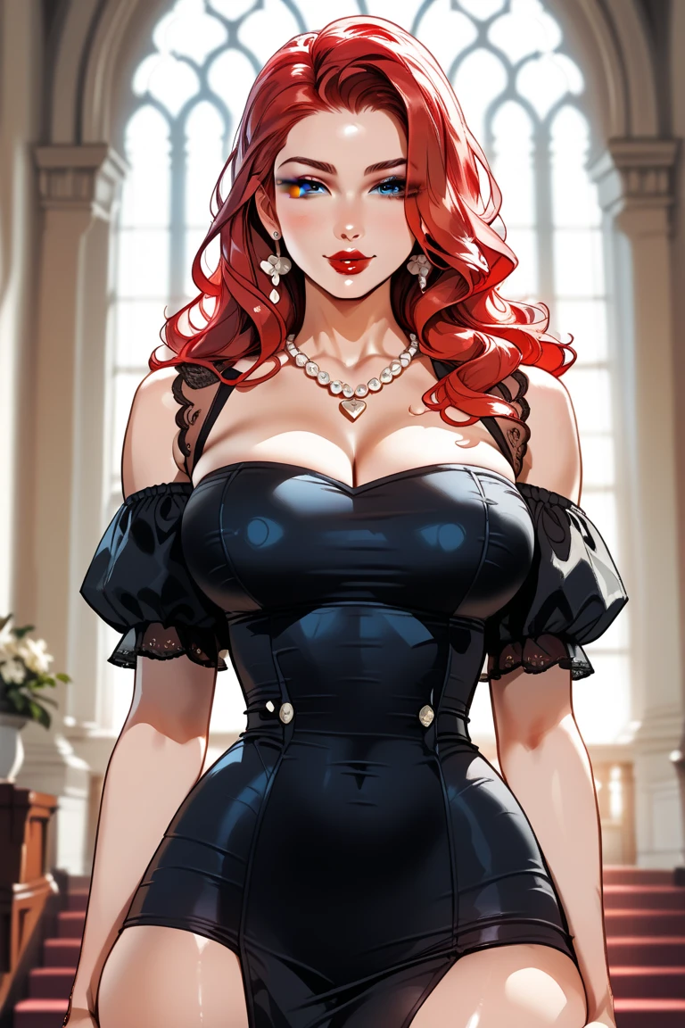 punk woman, stockings, skirt, fishnet, cleavage, corset, crimson hair, red lips