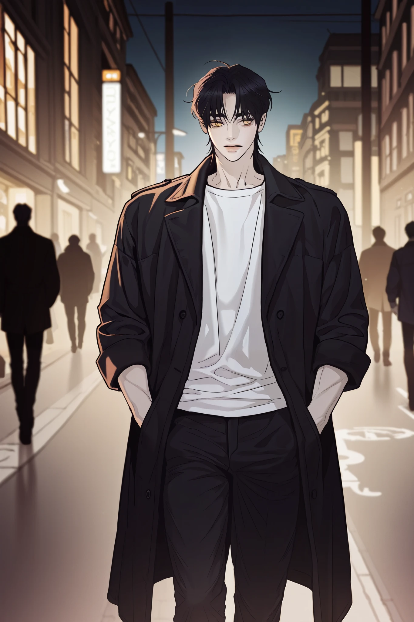 1 male, handsome male, Korean young adult man, P_boy, short black hair, golden eyes, long black overcoat hanging on elbows, white tank top, black pants, character's right hand in pocket, walking, streets background, at night, busy streets, front view, Fierce, people in the background