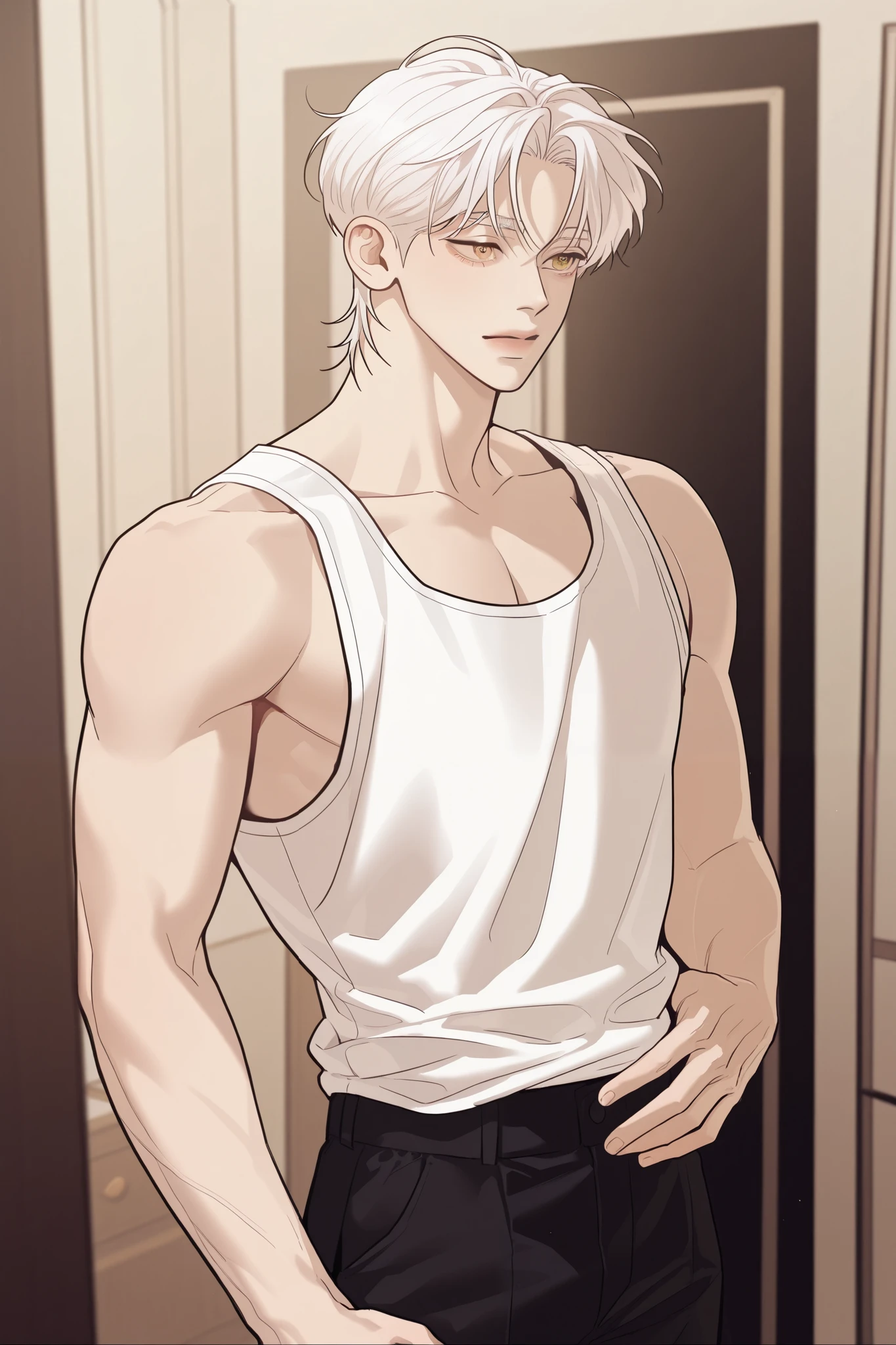 1 male, handsome male, Korean young adult man, P_boy, short white hair, golden eyes, white tank top, black pants, character's right hand on waist, standing, bedroom
