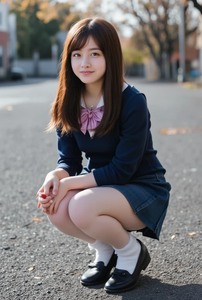 (8k RAW photo、top-quality、masterpiece、8K-UHD)、(realisitic、Photorealsitic:1.37)、(Anatomically accurate and realistic skin)、超A high resolution、 Film Lighting、film grains、Very cute 16 year old girl、tareme、bags under eyes、cute face、Highly detailed eyes and hair、Skin with beautiful details、Happy smiling face、shinny hair、White pants、No underwear