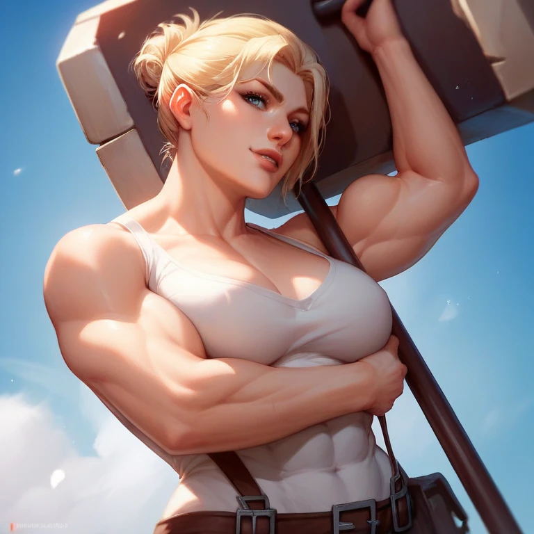 (best quality,4k,8k,highres,masterpiece:1.2),ultra-detailed,realistic, HDR, professional, vivid colors, curve,tattoos,croptop, crop jeans, thigh-length boots, seductive look, short blonde hair, outdoor background, soft sunlight, confident pose, ((((Muscular Legs)))), (((Massive Female Bodybuilder))), (((((Huge Muscles)))))