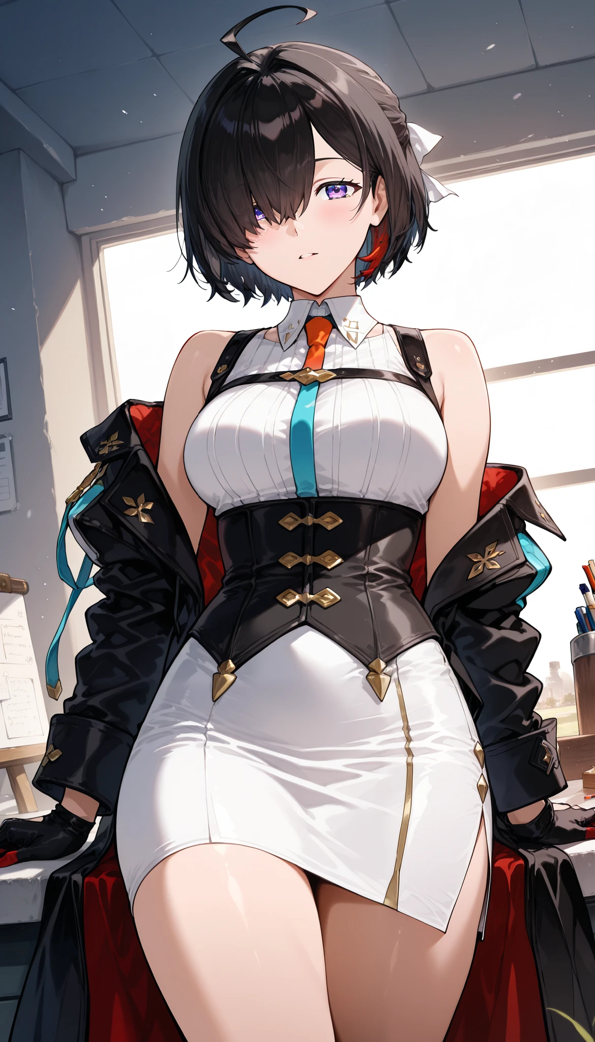 score_9,score_8_up  ,score_7_up  ,score_6_up  ,score_5_up  ,score_4_up  ,(source_anime), clip skip:2,cowboy shot,(masterpiece:1.3),(extremely detailed CG unity 8k wallpaper),(vivid color:1.2),top quality , amazing quality, high resolution, absurd, very aesthetic, high resolution, (ultra detail), ( 1girl , Yumia Liessfeldt,(Aesthetic Anime Eyes:1.3),(feature large highlight:1.4),(hair over one eye),28 years old,Mature Adult Women,black jacket,white pencil skirt,side slit,corset, gloves, bare shoulders,workshop \(series\) ,Alone, (masterpiece), best quality, amazing quality, very aesthetic, absurdres, newest, Artist: Isakata Souji 