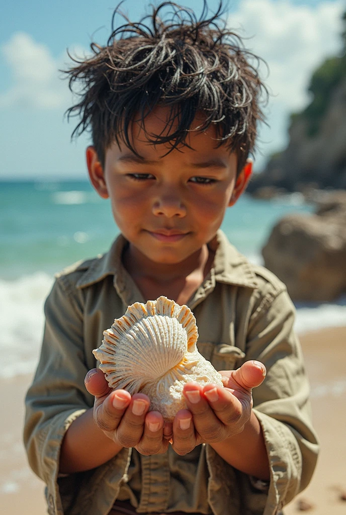 Create an illustration of a lively and charming 5-year-old Brazilian boy named João. He has a tan complexion, curly brown hair, and expressive brown eyes. João is on a sandy beach with the ocean in the background. He is wearing bright, colorful clothes typical of a coastal town in Brazil. João has a wide-brimmed hat to protect him from the sun and is holding a small bucket filled with seashells. The setting is warm and sunny, capturing the vibrant and adventurous spirit of João.