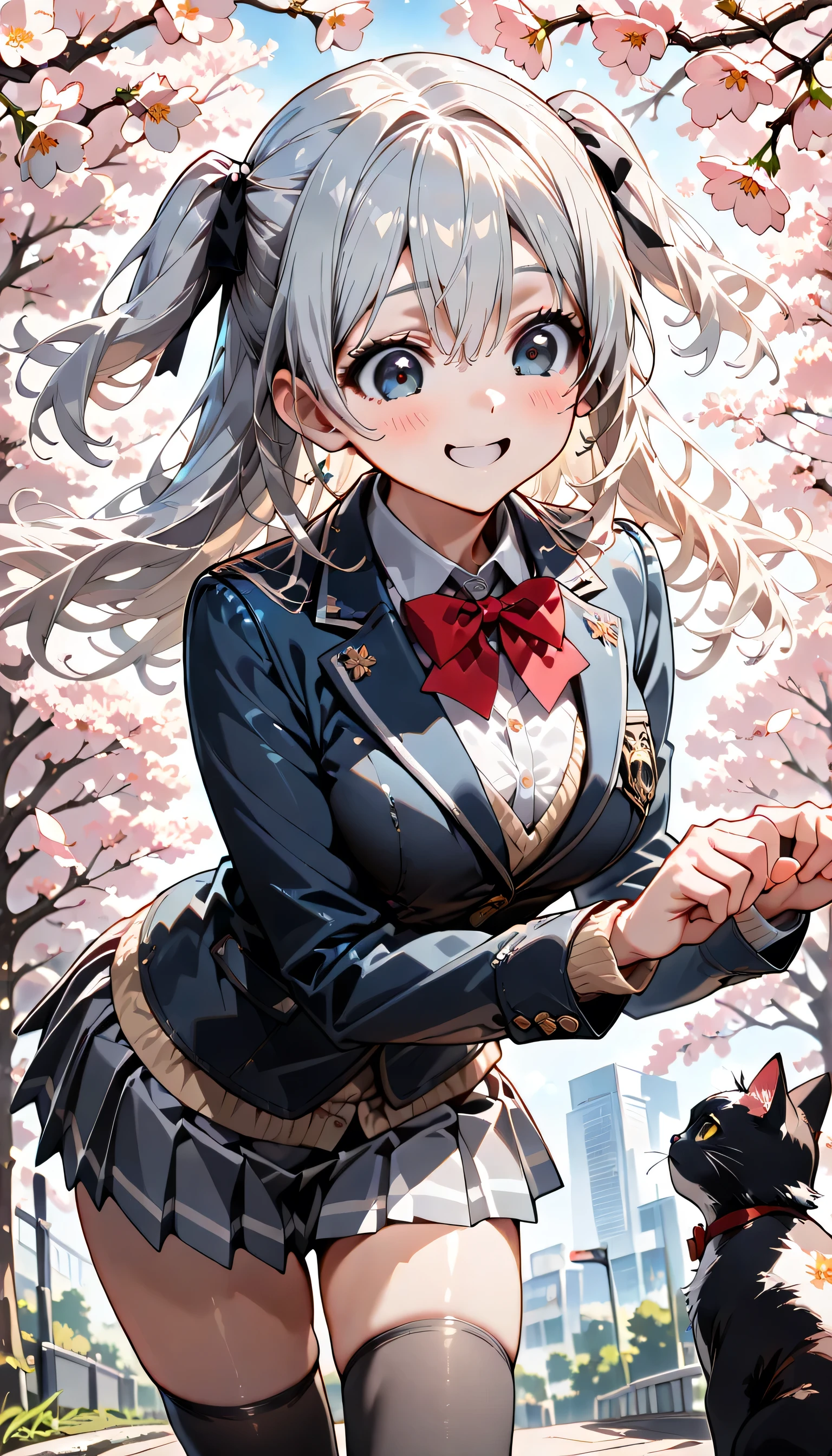 ((ultra-detailed)), (highly detailed CG illustration), (best quality:1.2), ultra-highly detailed, colorful composition, artistic photoshoot, 1girl, solo focus, ((thigh to top:1.4)), ((cowboy shot:1.4)), moe anime character, girl, dainty facial structure, (baby face), (round face), ((rounded chin:1.2)), ((ideal ratio body proportions)), (blue eyes), sparkle eyes, ((silver hair color)), ((two side up)), (hair ribbon with red), ((hair is swaying in the wind)), ((smile:1.2)), ((cat mouth:1.3)), ((blush1.2)), ((playing with a cat:1.2)), ((looking at cats:1.2)), ample breasts, school uniform, navy blue blazer, modern style with fitted jacket, red neck bow, long sleeves white frilled shirt, navy blue pleated skirt, and black high socks, white panties, ((crouching)), from front, expecting, pink cheek, blush, light pink gloss slip, beautiful detailed sky, cherry blossom petals, cherry trees, row of cherry trees, breeze, petals dancing in the wind, shining sunlight shines, contrapposto pose, best quality, masterpiece, portrait, depth of field, soft lighting, sidelighting, (shine), lighting, caustics, ray tracing, perfect face, lustrous skin, highly detailed face, highly detailed eyes, perfect face, perfect nose, perfect hair, perfect eyes, perfect anatomy, beautiful hair, beautiful small face, extremely detailed face, beautiful detailed eyes, beautiful clavicle, beautiful body, beautiful ample breasts, leavage, breasts squeezed together, equalize the size of the left and right breasts, beautiful thin thighs, beautiful legs, beautiful fingers, 4 fingers, 1 thumb, lovely, (very detailed background:1.0), (highly detailed background:1.0), spring aesthetic, intricate details, enjoy the performance atmosphere, spring colors palette, chromatic aberration