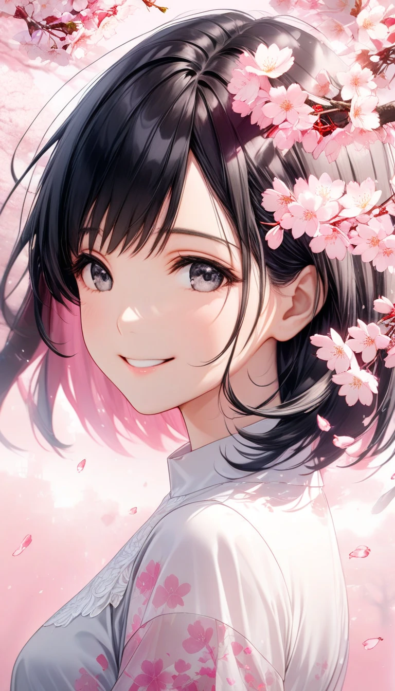 Black-haired beauty, A gentle smile for a lover, looking here, white blouse and gray long skirt, Close-up of upper body, Cherry blossom trees(double exposure:0.6, pink background blur, cherry blossom blizzard effect:1.2)