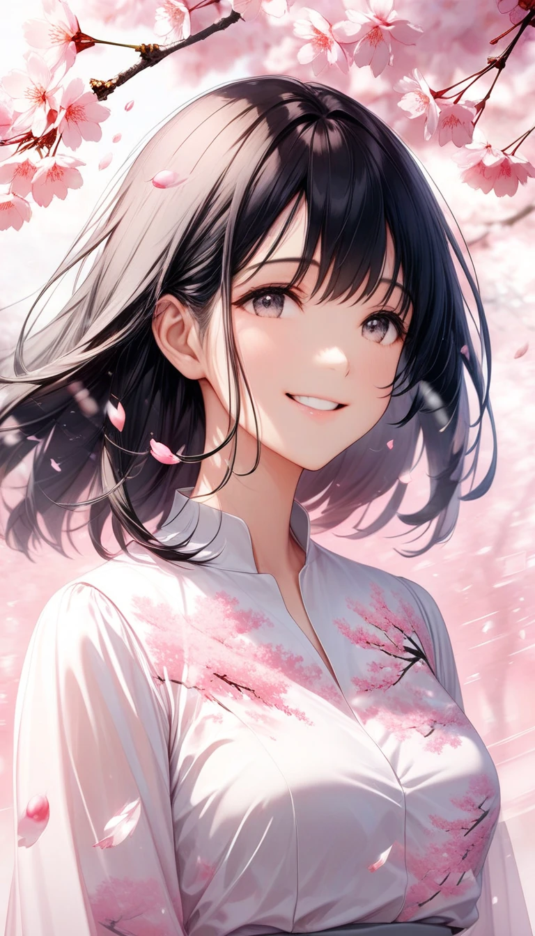 Black-haired beauty, A gentle smile for a lover, looking here, white blouse and gray long skirt, Close-up of upper body, Cherry blossom trees(double exposure:0.6, pink background blur, cherry blossom blizzard effect:1.2)