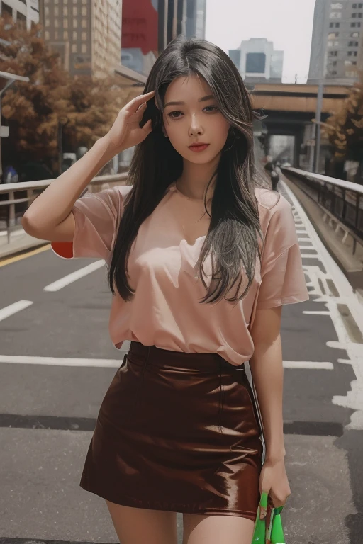 girl, asian, cap, headwear, light pink shirt, longsleeves, shirtlift, white-miniskirt, panty, against crowded on street and footpath