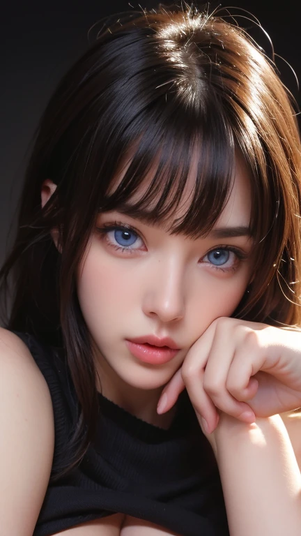 (Masterpiece, Best Quality, Photorealistic: 1.3), 1 girl, Beautiful eye details, Beautiful lips details, Cute, tshirt, open mouth, plump, white skin, tight shirt, seductive, ((bangs hair, hair covering eyes, blue lipstick, slim lace, Brown dress: 1.3)), squatting cowgirl, (sensual, when moaning: 1.3), messy black hair, sweaty body, upper body shot, put hands on the head, armpit, solo focus , depth of field, volumetric lighting, perfect view, (dynamic pose:1.2), (from above:1.2), best quality, photo realistic, masterpiece, facial expressions,  surprised expression, high resolution