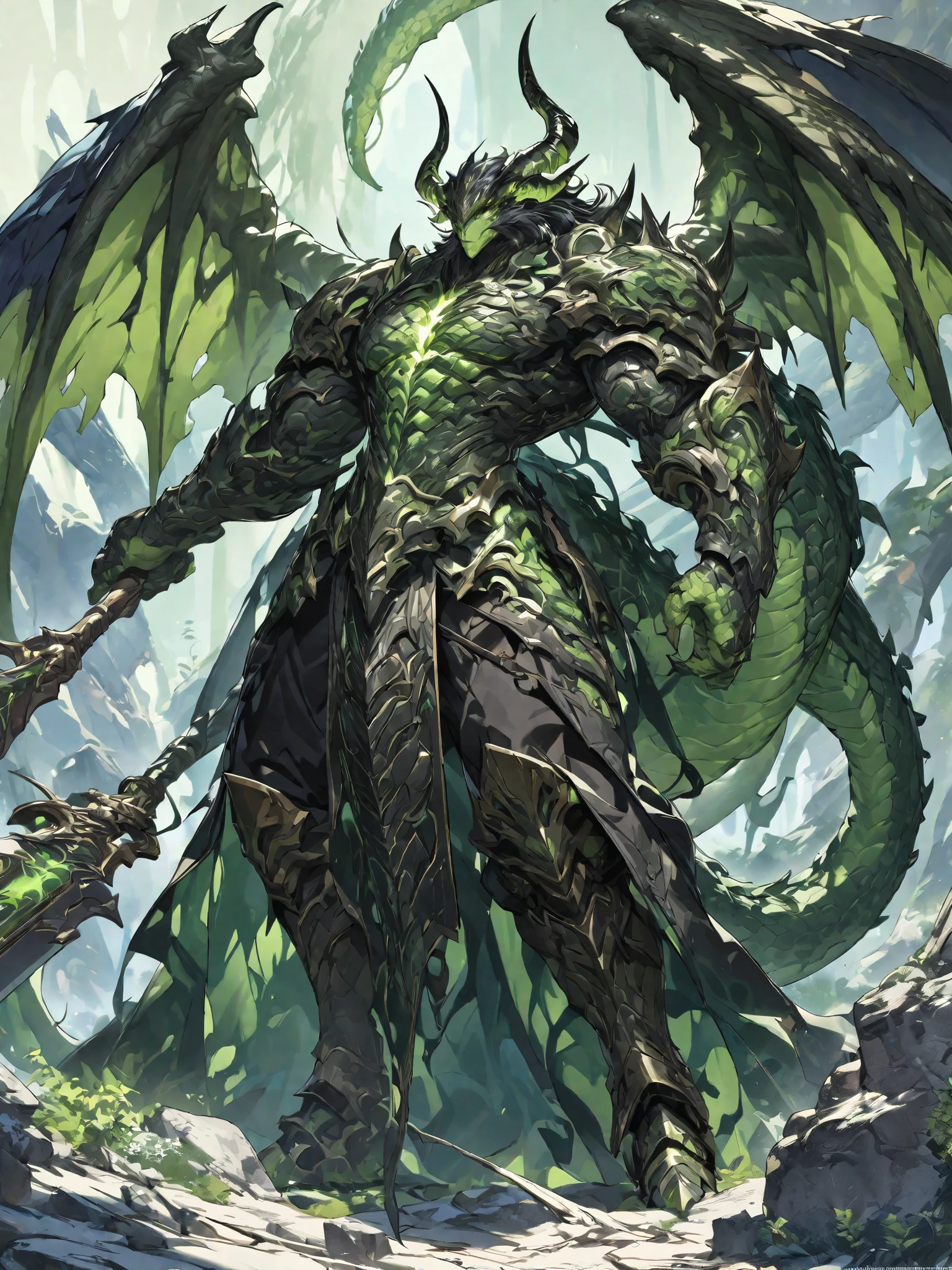 Best quality 8K resolution, Highly detailed, Digital Painting, Concept art, of the highest quality, One, beautiful face, 1 man, adult man, with a relief body, V-shaped body, black detailed armor with glowing Green details, black demonic horns, with large and long dragon wings, short hair, black hair, Black with green tones reptile eyes, a man has a big and long sword in his hand, Against the background of war