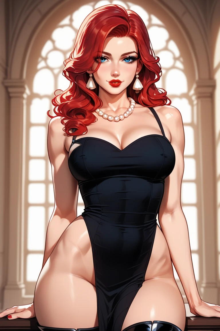 masterpiece, best quality, never saint, mature female, 1girl, solo, long hair, breasts, looking at viewer, blue eyes, crimson hair, dress, cleavage, bare shoulders, collarbone, thighs, nail polish, huge breasts, sweater, lips, strapless, makeup, lipstick, strapless dress, sweater dress, vampire, emo, goth