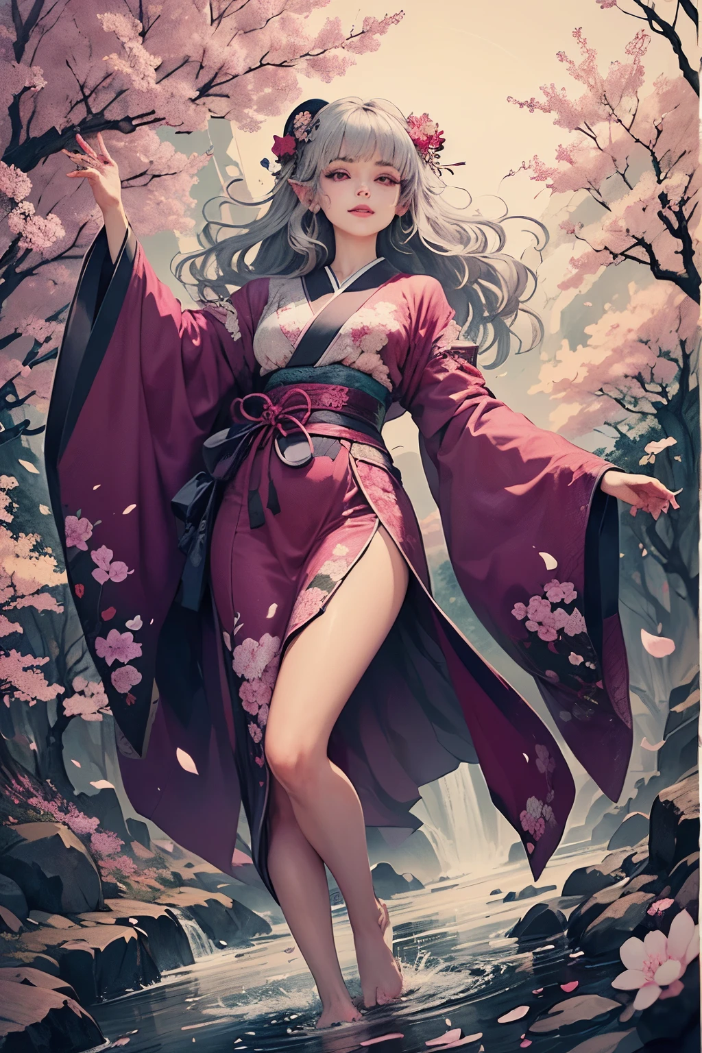 (Ultra-detailed face, Looking away, Gothic Illustration, Dark tone colors. She has five fingers on her hands and five toes on her feet.), BREAK
(Japanese classical picture scroll picture style. Fantastic. Mysterious. Mysterious. Contrasts of light and shadow. A view of a stream with cherry blossom trees in full bloom on both banks is depicted from the perspective of looking up from below.), BREAK
(A nymph in the form of a dark elf smiles and twists her body in the center of the stream, dancing a dance celebrating spring with bold and classical movements. The wind is blowing and many cherry petals are dancing.), BREAK
(She has gray hair, gray eyebrows, blunt bangs, very long wavy hair, small pink lips, lavender eyes, dark gray skin, and eyeliner.), (She wears a Japanese kimono with layers of lace fabric in a cherry blossom pattern. She is wearing a red skin lintel. Barefoot. She wears bells on her ankles.)
