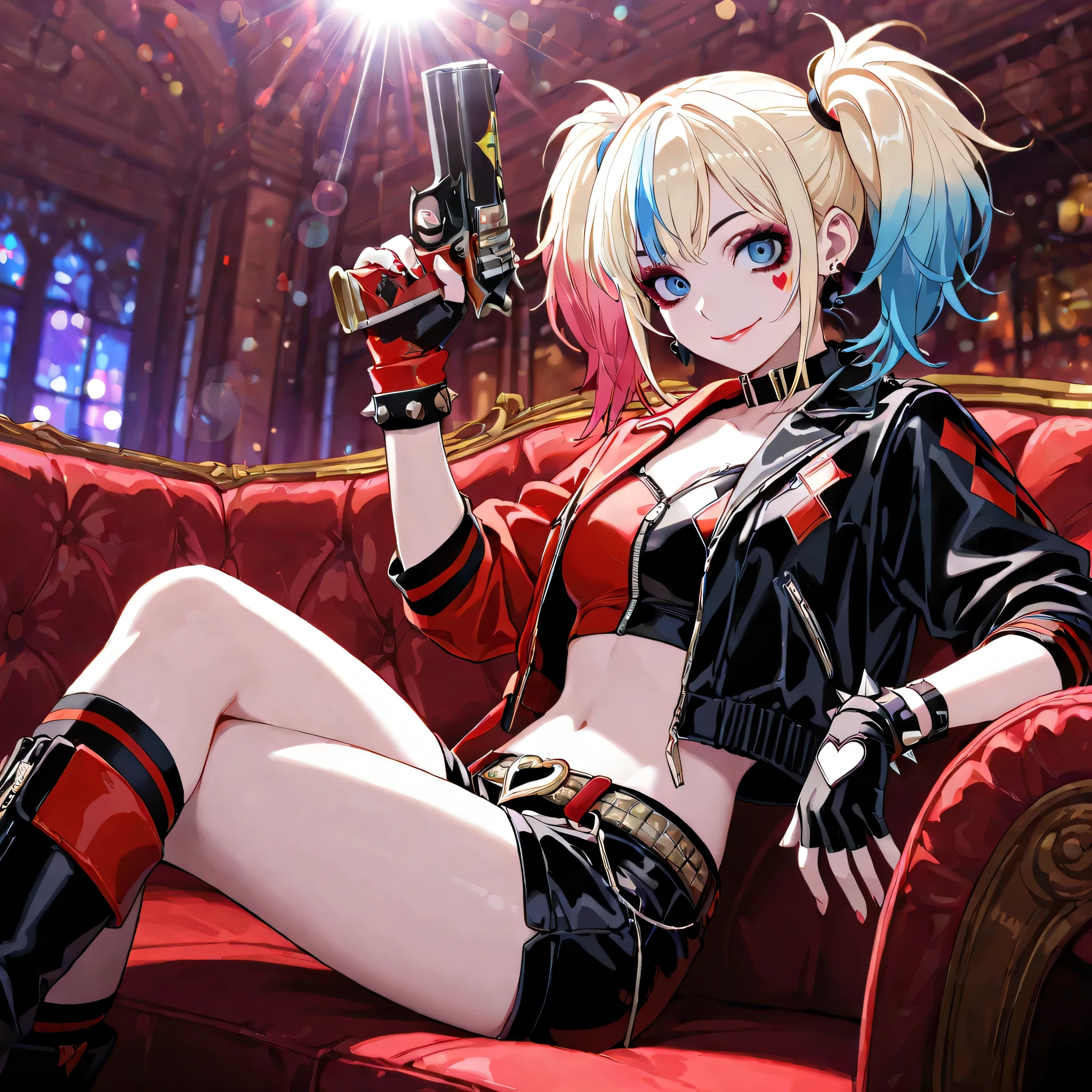 1girl, asymmetrical gloves, belt, black gloves, black jacket, black shorts, blonde hair, blue eyes, blue hair, boots, bracelet, collar, crossed legs, earrings, eyeshadow, fingerless gloves, gloves, heart, heart face mark, jacket, jewelry, looking at viewer, makeup, midriff, multicolored clothes, multicolored hair, multicolored jacket, navel, red jacket, short twintails, shorts, sitting, smile, solo, spiked bracelet, spikes, streaked hair, torn clothes, twintails, harley quinn, sitting in a sofa, modern room, indoors, smile, (high contrast), colorful, (tone mapping), high saturation, masterpiece, best quality, bloom, color grading, lens flare, godray, the bokeh effect, ((bloom)), post processing, from side, holding pistol, closed mouth