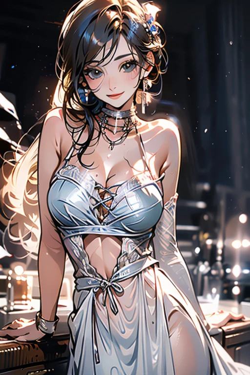 Best AI absurd, high quality, High resolution, Super detailed, Zoom out from space, (One beautiful girl:1.3), A little smile, de luz, Semi-transparent evening dress, Glitter, The wide and high universe, planet, deep, Warm Light