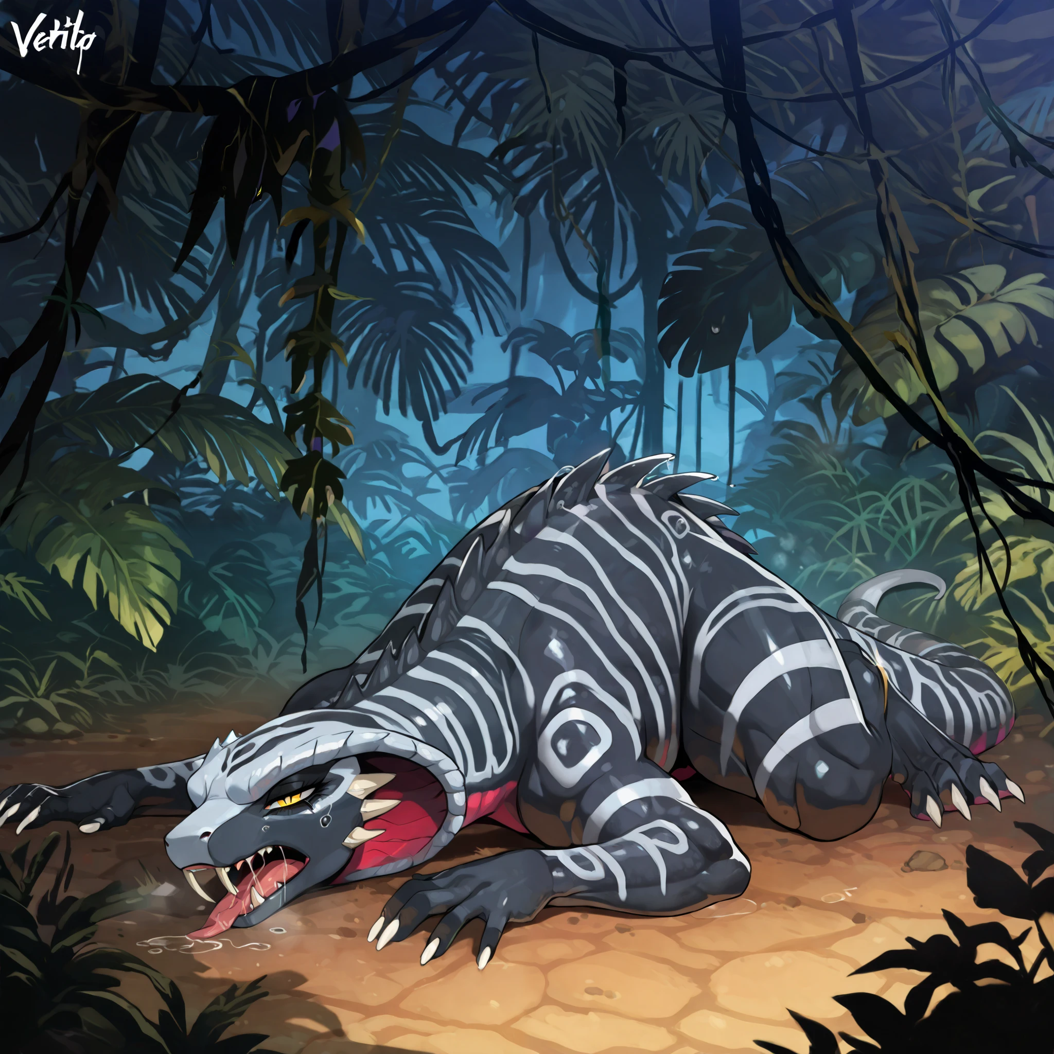 masterpiece, best quality, anime style, anime shading, full body picture, centered, female dinosaur, (cobra), monstrous body shape, (vertigo), yellow eyes, black scaled body, dark grey striped body, white claws, (straight horns), (fangs), digitigrade legs, ((on the ground of a jungle at night)), ((fell over)), ((exhausted, tired)), saliva, score_9_up, score_8_up, score_7_up, score_6_up, score_5_up