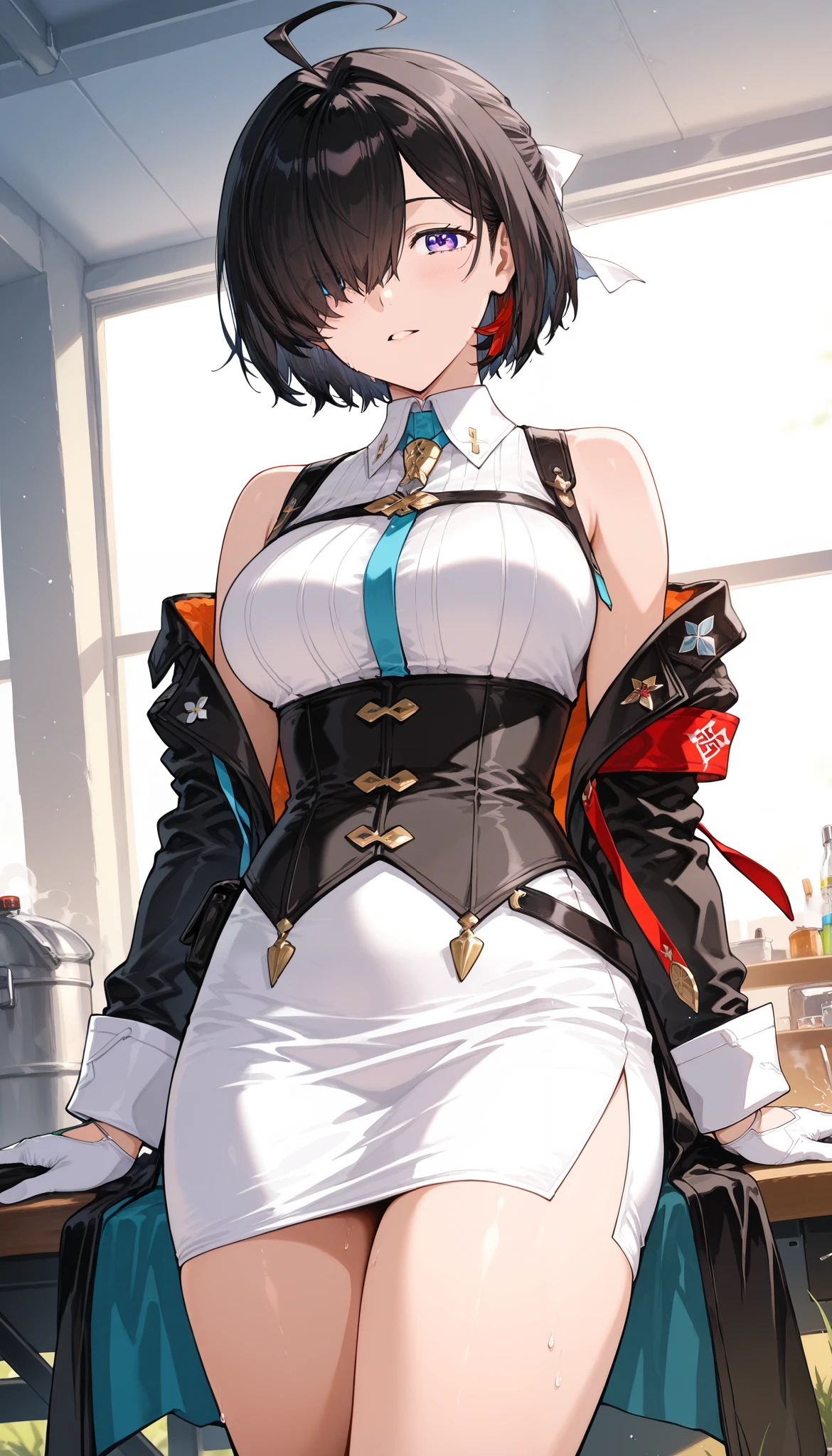 score_9,score_8_up ,score_7_up ,score_6_up ,score_5_up ,score_4_up ,(source_anime), clip skip:2,cowboy shot,(masterpiece:1.3),(extremely detailed CG unity 8k wallpaper),(vivid color:1.2),top quality , amazing quality, high resolution, absurd, very aesthetic, high resolution, (ultra detail), ( 1girl , Yumia Liessfeldt,(Aesthetic Anime Eyes:1.3),(feature large highlight:1.4),(hair over one eye),28 years old,mature adult women from before Orange,black jacket,white pencil skirt,side slit,corset, gloves, bare shoulders,workshop \(series\) ,Alone, (masterpiece), best quality, amazing quality, very aesthetic, absurdres, newest, Artist: Isakata Souji