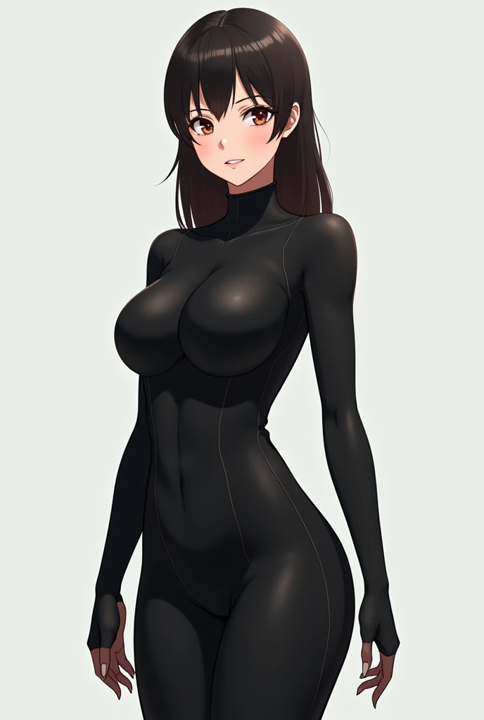 solo, 1girl, photoshoot, looking at viewer, long brown hair, black latex suit, ty lee