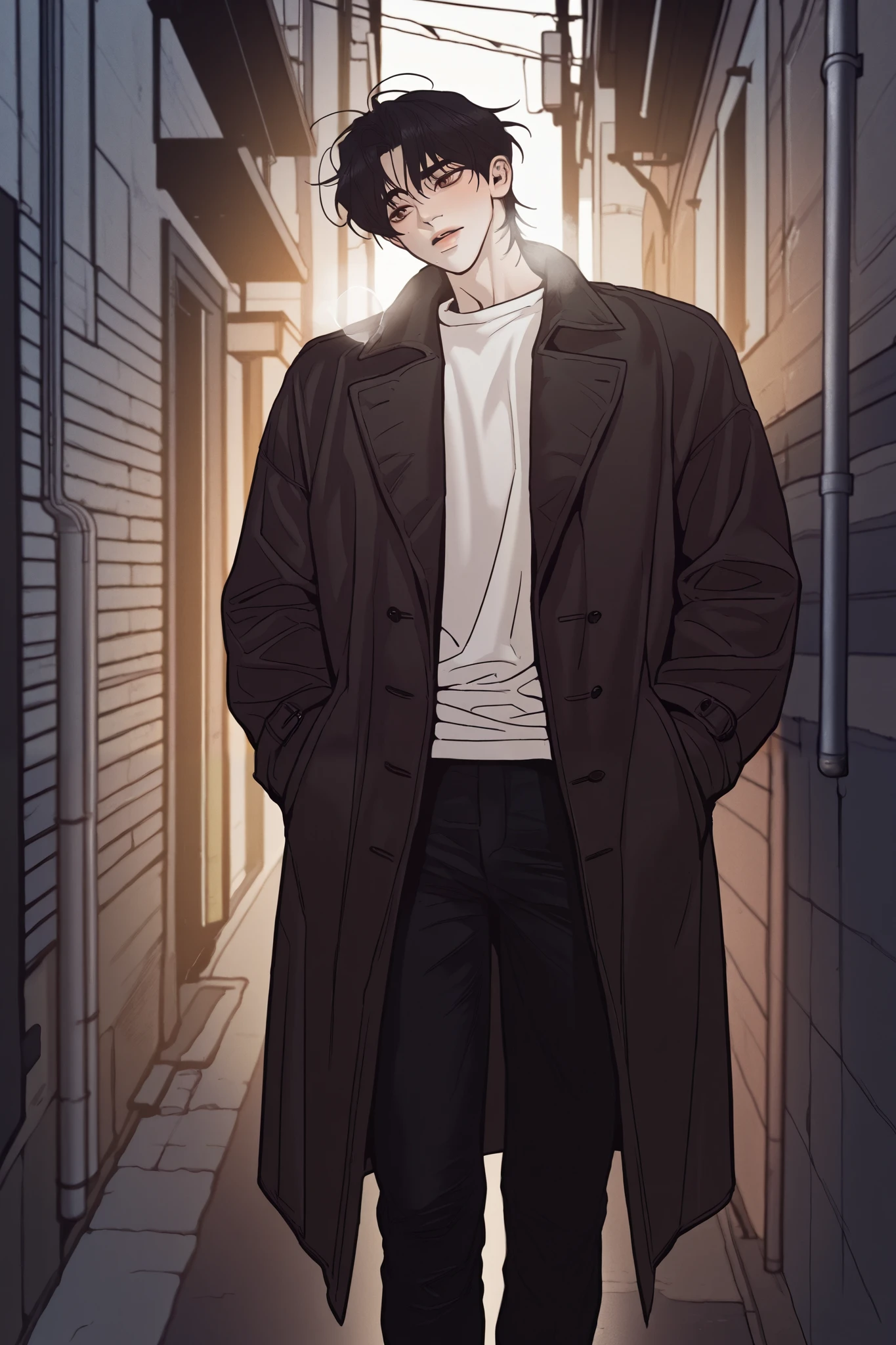 1 male, attractive male, Korean young adult man, P_boy, short black hair, brown eyes, long black overcoat hanging, white t-shirts, black pants, standing, streets background, morning, front view, alley, leaning against the wall, masterbating, heavy breathing