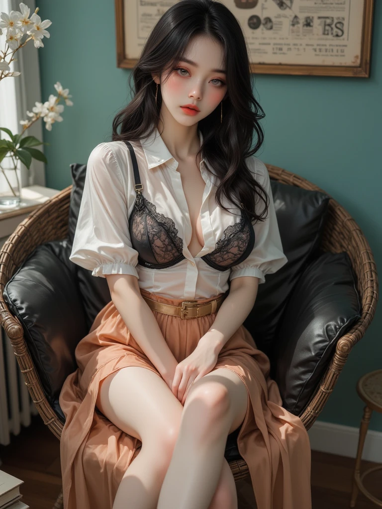 (Hyper-realistic), (Illustration), (High resolution), (8K), (Extremely detailed), (Best Illustration), Yol ( chain saw man ), (Beautiful detailed eyes), (Best Quality), (Ultra-detailed), (masutepiece), (Wallpaper), (Detailed face), Solo, Upper body, Focus on Face, 1 girl, Long Black Hair, Korean, Thin eyeshadow, A detailed eye, Brown eyes, Small moles under the eyes, very slender legs,Please wear a long-sleeved shirt.., Neckbow, Small breasts,Smaller chest,Black knee socks, Dynamic Pose, low illuminance, Night, Dark, Clouds, a dark night,sit on sofa,Happy,White panty,White bra,