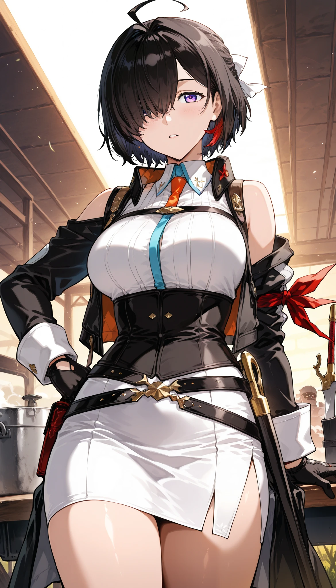 score_9,score_8_up ,score_7_up ,score_6_up ,score_5_up ,score_4_up ,(source_anime), clip skip:2,cowboy shot,(masterpiece:1.3),(extremely detailed CG unity 8k wallpaper),(vivid color:1.2),top quality , amazing quality, high resolution, absurd, very aesthetic, high resolution, (ultra detail), ( 1girl , Yumia Liessfeldt,(Aesthetic Anime Eyes:1.3),(feature large highlight:1.4),cowboy shot,(hair over one eye),28 years old,Mature Adult Women,black jacket,white pencil skirt,side slit,corset, gloves, bare shoulders,workshop \(series\) ,Alone, (masterpiece), best quality, amazing quality, very aesthetic, absurdres, newest, Blacksmith,Artist: Isakata Souji