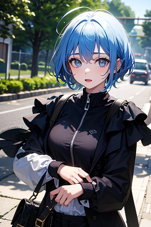 1 girl, solo, blue hair, curly hair, blue eyes, looking at the audience, beanie, lips, upper body, shirt, earrings, tears raining down, kneeling, painful expression, street, crowds, short black skirt, white liquid on the face