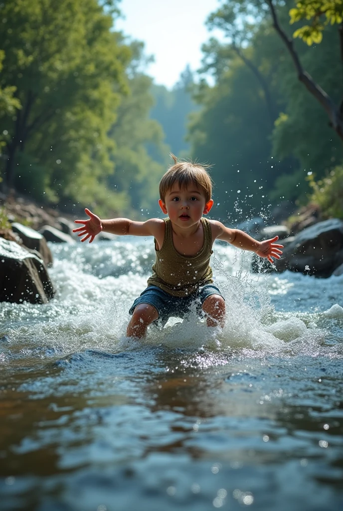 Illustration of boy happily splashing and jumping at the water's edge