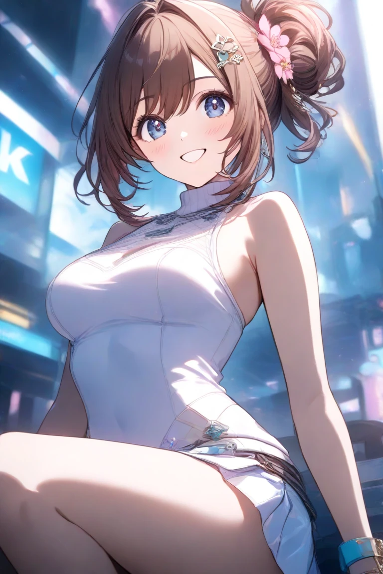 ((((medium hair))))、((((brown hair))))、highest quality、8K、HDR、High resolution、disorganized:1.2、background blur、Bokeh:1.2、photograph、(RAWphotograph:1.2) 、(realism: 1.4)、(master piece: 1.3)、(intricate details: 1.2)、1 girl、solo、japanese girl、delicate and beautiful details、(detailed eyes)、(detailed facial features)、Small and beautiful with clear eyes、detailed pupil、(((big breasts)))、Perfect for your skin、(beholder)、from the front、(thin)、(highest quality:1.4)、(超High resolution:1.2)、cinema light、(highly detailed illustrations)、(lip gloss、highest quality、超High resolution、Depth of the bounds written、caustics、broad lighting、natural shading、85mm、f/1.4、ISO 200、1/160s:0.75)、1girl、solo、((smile))、(((slim) body)))、Upper body、(((white blouse、bare shoulders、leggings pants)))、Are standing、(pureerosface_v1:0.5)、Inside the station、night、cityscape、city lights、Close-up