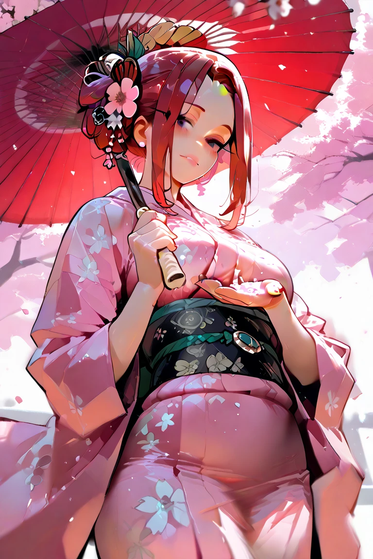 Anime Girls in a kimono outfit holding an umbrella in her hand, from East, in Kimono, East character, Zerochan Art, in a kimono, Pixiv style, Pixiv contest winner, From Kenshin, (Anime Girls), Beautiful anime artwork, East, East project, Pixiv, sayori, digital art on Pixiv, 着物A 17-year-old Japanese girl with vibrant hair colors, long hair, daring hair styling, slender figure, plump cheeks. She embodies the punk rock aesthetic, dressed like a punk rocker with bold attire, large sunglasses, a defiant expression. She stands at 170 centimeters tall, weighs 30 kilograms, wears long boots, with her thighs visible under a red pleated skirt. Adorned with numerous silver accessories. Depict with distinct outlines, using colors other than black for the outlines, using colorful hues for the outlines. She's into girls' rock, punk, Electric guitar, vibrant colors, stages, and backed by a band. An underground clubhouse with colorful lighting amidst the darkness. Colorful candies resembling mountains of treats are plentiful, strewn all around. A tall, well-built man with blonde hair is present, adorned with tattoos, a nose piercing, and a split tongue.