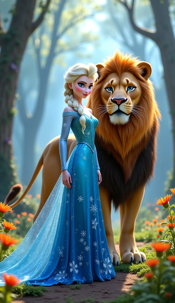 Elsa running from a lion and then has children