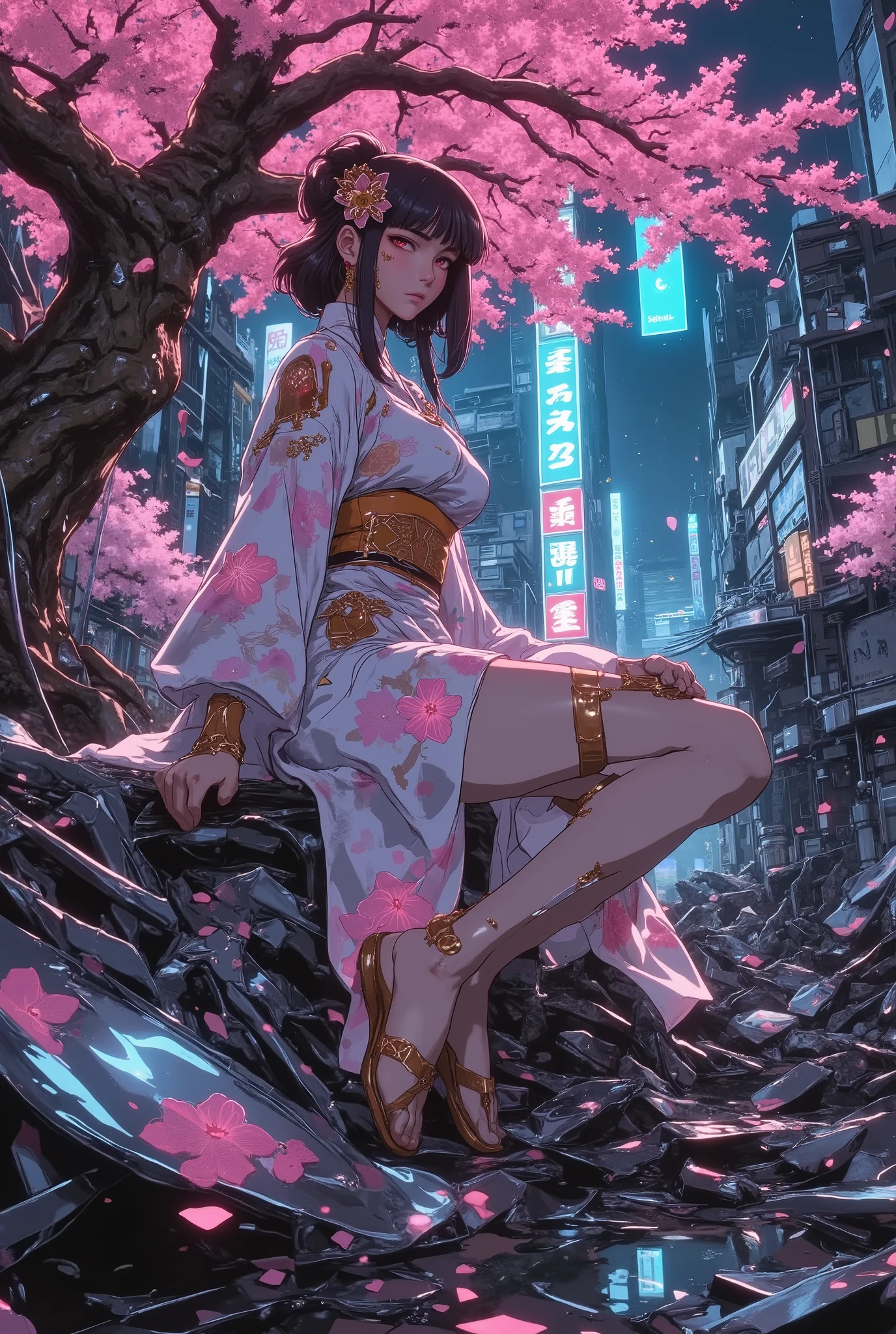 1girl ,Konohana Sakuya Hime,cowboy shot,Large cherry blossom trees 、kimono。skirt。 golden hair ornament 。cyberpunk。sandals。perfect anatomy。sitting in the rubble。。Focus on the thighs。hand、skirtの中の黒いショートパンツ、 ruins at night。from side,active angle。from below,fingerless gloves、sharp eyes,
A cinematic, ultra-detailed portrayal of Konohanasakuya-hime as a cyberpunk goddess, gracefully standing amidst the neon-lit ruins of a futuristic metropolis. Piles of metallic debris, broken holographic signs, and shattered chrome surfaces surround her, yet luminous cherry blossoms bloom gently from the rusted remains, symbolizing rebirth and beauty in decay.
She wears a futuristic kimono crafted from semi-transparent synthetic silk embedded with softly glowing fiber-optic sakura patterns. Her elegant obi belt subtly emits pink neon lights interwoven with delicate circuitry patterns. Metallic kanzashi hairpins, designed as glowing cherry blossoms, adorn her elaborately styled traditional hair, highlighted with faint luminous pink streaks. Her cybernetic armlets feature intricate floral designs, softly pulsing with energy.
Holographic petals float gently around her serene form. Beneath her feet, levitating cybernetic geta sandals cast gentle pink illumination onto the wet, reflective surfaces of the ruins. The setting conveys a mood of melancholic elegance, emphasized through careful volumetric lighting, depth of field, and atmospheric perspective. Cinematic framing, high resolution, 4K quality, dramatic contrast, soft reflections, and subtle rainfall enhance the scene's poetic realism and dreamlike intensity.
cyberpunk、 Anime Style
Anime.XUER guangying.heroine、(masterpiece, detailed:1.2)、red eyes,egmid 、