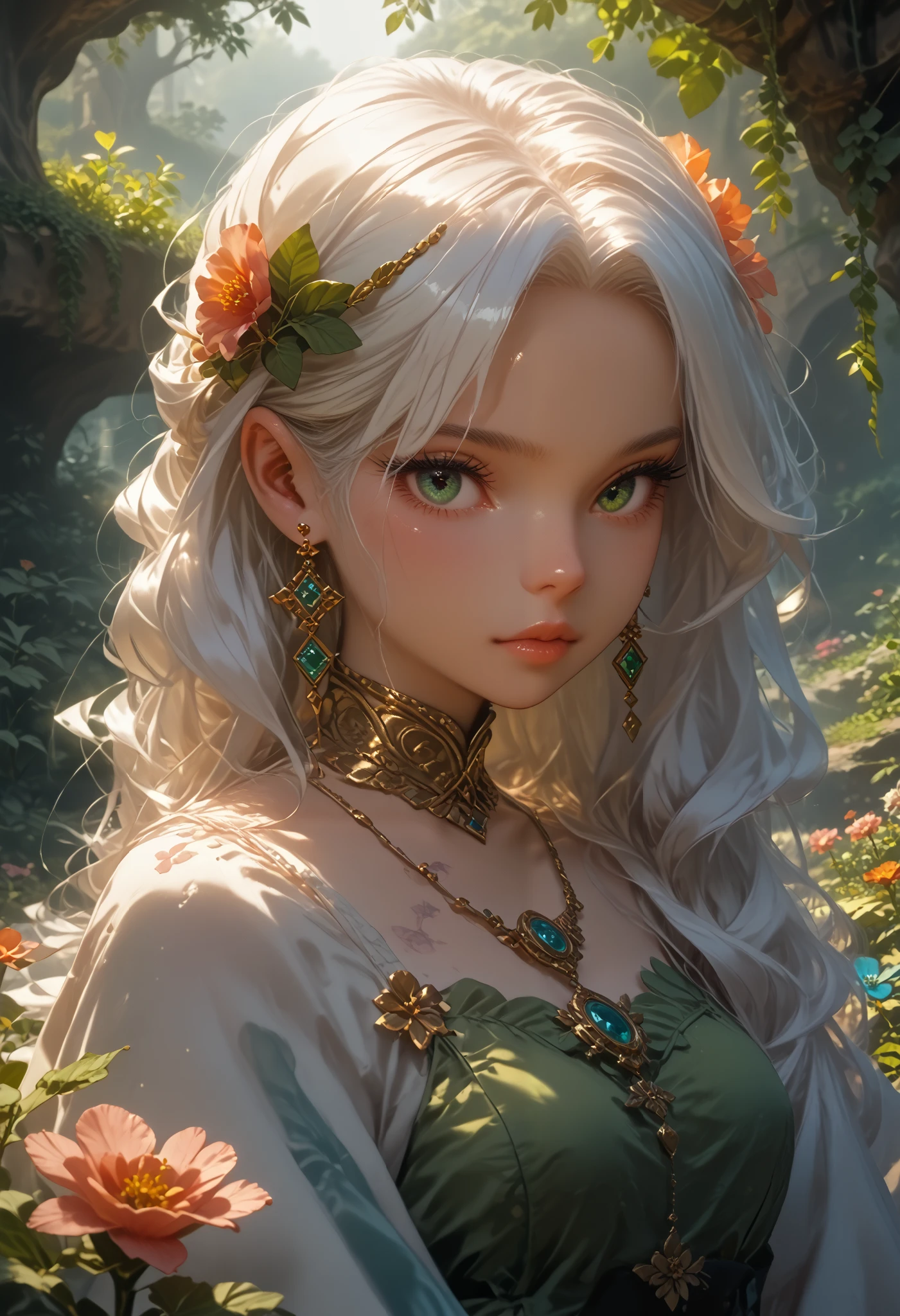 1 girl, One, white_ hair, tattoos, grotto ,  green,  flowers,  beautiful, idyllic, exalted,  absurdity , Hyperrealism, textured,  maximum _detail, DSLR camera check_9,check_8_up,check_7_up,Masterpiece,better quality,perfect anatomy,very aesthetic,official art,8 k