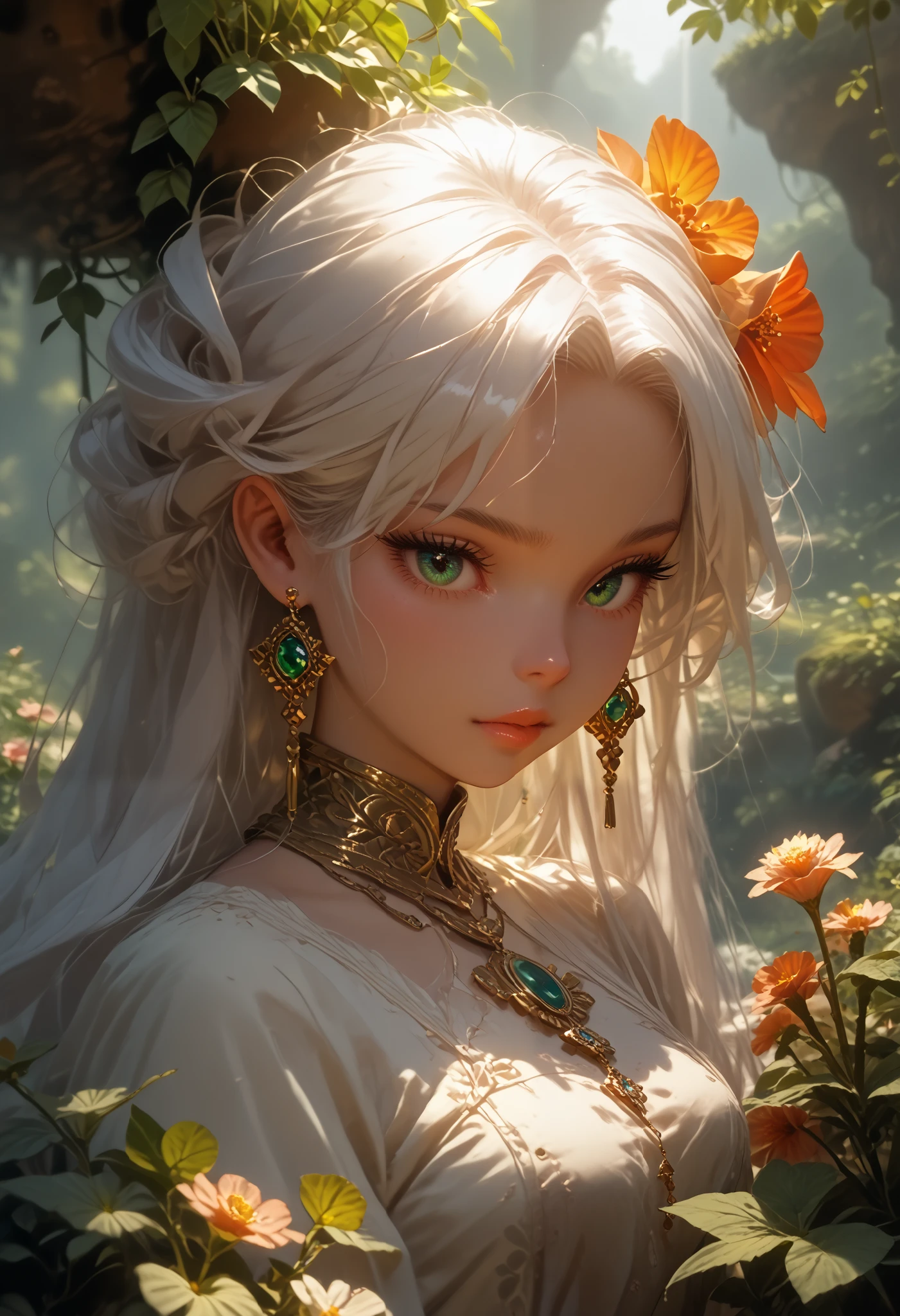 1 girl, One, white_ hair, tattoos, grotto , green, flowers, beautiful, idyllic, exalted, absurdity , Hyperrealism, textured, maximum _detail, DSLR camera check_9,check_8_up,check_7_up,Masterpiece,better quality,perfect anatomy,very aesthetic,official art,8 k