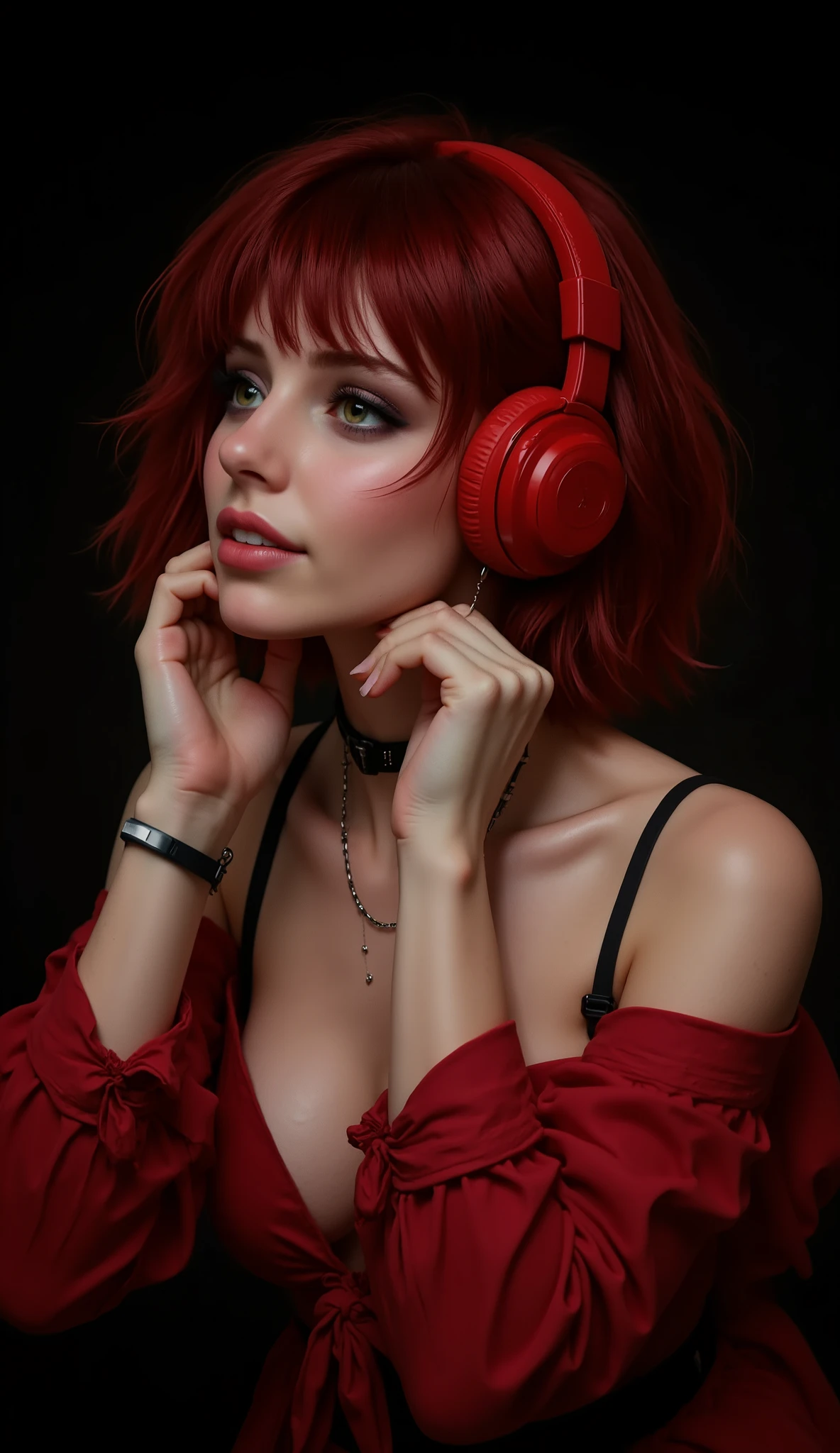 ((artwork, highest quality, highest image quality, high resolution, photorealistic, CRU photo, 8k)), (best quality, 4k, high resolution, masterpiece: 1.2), ultra detailed, (realistic, photorealistic: 1.37), ray traced. Best quality, masterpiece, pure black background image. Pure black image background ideal for wallpaper. Of the bust of a very pretty 20-year-old girl, intense red hair bob cut, layered, very detailed hair, she is wearing red headphones and is listening to music, enjoying the music and smiling shyly, with both her hands on the headphones to hear the music better, very detailed red headphones, shy, very detailed dark green eyes, long eyelashes, light makeup, thick, moist, half-open lips, ear piercings, choker on her neck made of red fabric with lace. She is wearing a very trendy red off-the-shoulder shirt, deep neckline, revealing neckline, bra straps are visible, big , huge saggy , girl with reading glasses, very pretty and sexy girl, side view, side view, the girl looks at the camera smiling shyly, gorgeous girl, Chiaroscuro, cinematic lighting, Fujicolor, UHD, Retina, masterpiece, accurate, anatomically correct, textured skin, super detail, high level of detail, high quality, award winning, best quality, high resolution, 1080P, HD, 16K. Pure black background ideal for wallpaper, realistic.