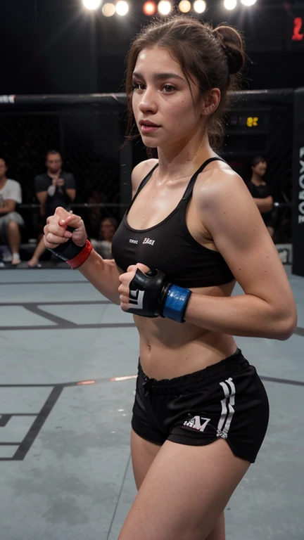 PICTURE REALISTIC, 1 female MMA fighter, wearing fighting clothes, fully muscular body, sweaty body, in attack position, breasts big, big-ass, in a fighting ring looking at the spectator with a serious look