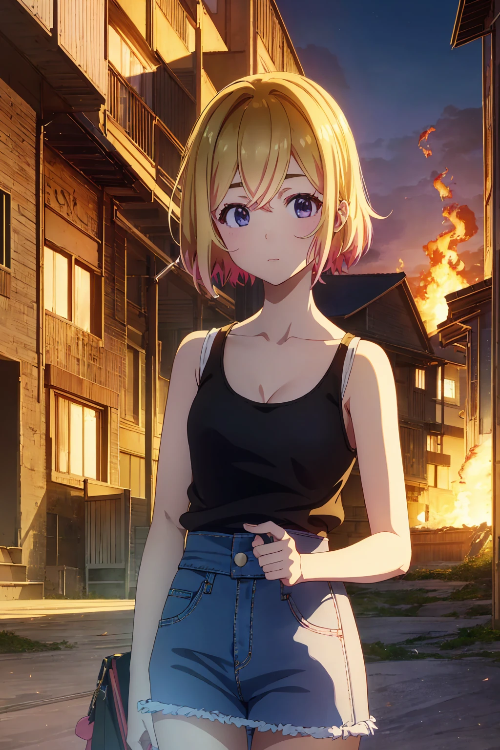 masterpiece, Highest quality anime illustrations, Super detailed,ultra high resolution、perfect lighting single girls, alone, Blonde、medium hair, anime , view at viewer, cleavage in years、 black tank top、 sexy short denim skirt holding an ignited matchstick、at night、Old folk house entrance 、I have an ignited lighter、Building on fire、Big flames