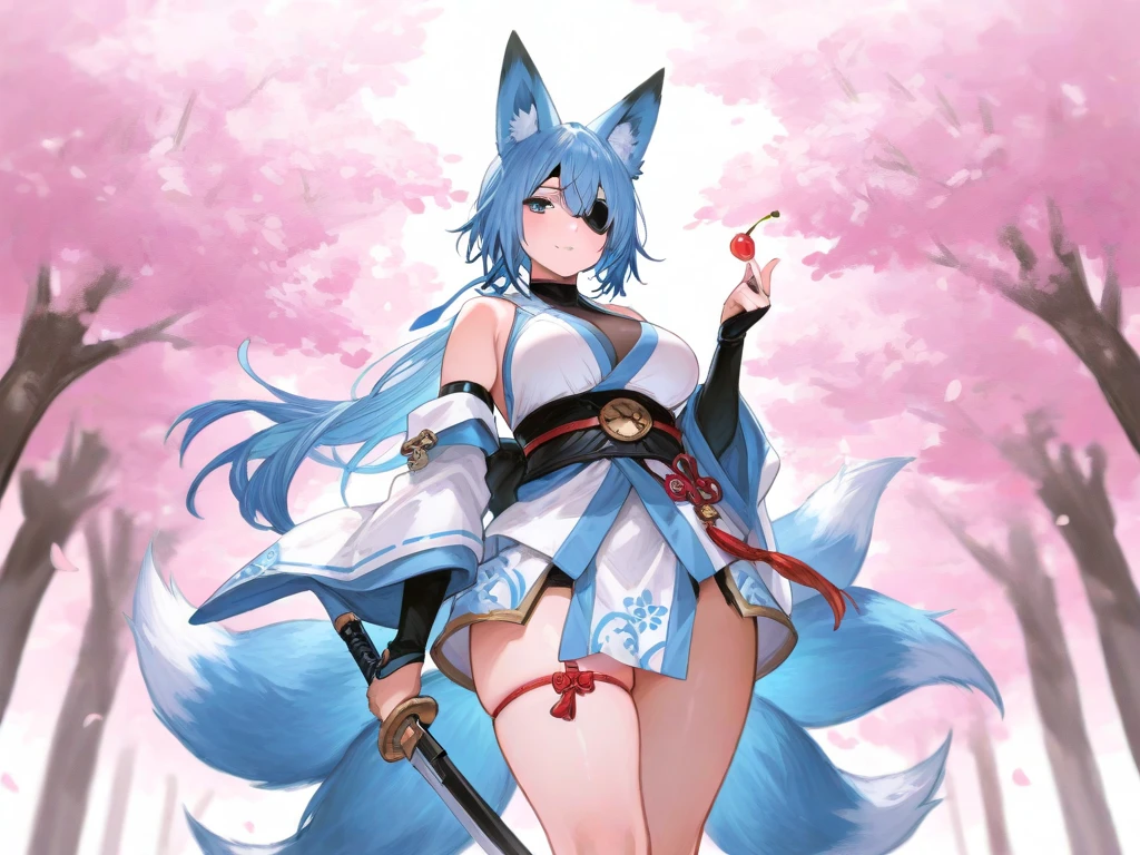 white background,1girl,animal ears, tail, erune, fox ears, fox tail,  backless outfit, weapon, multiple tails,  large tail, hair ornament, red eyes, sword, shorts, solo, blue hair,  full body, holding, off shoulder, 
,