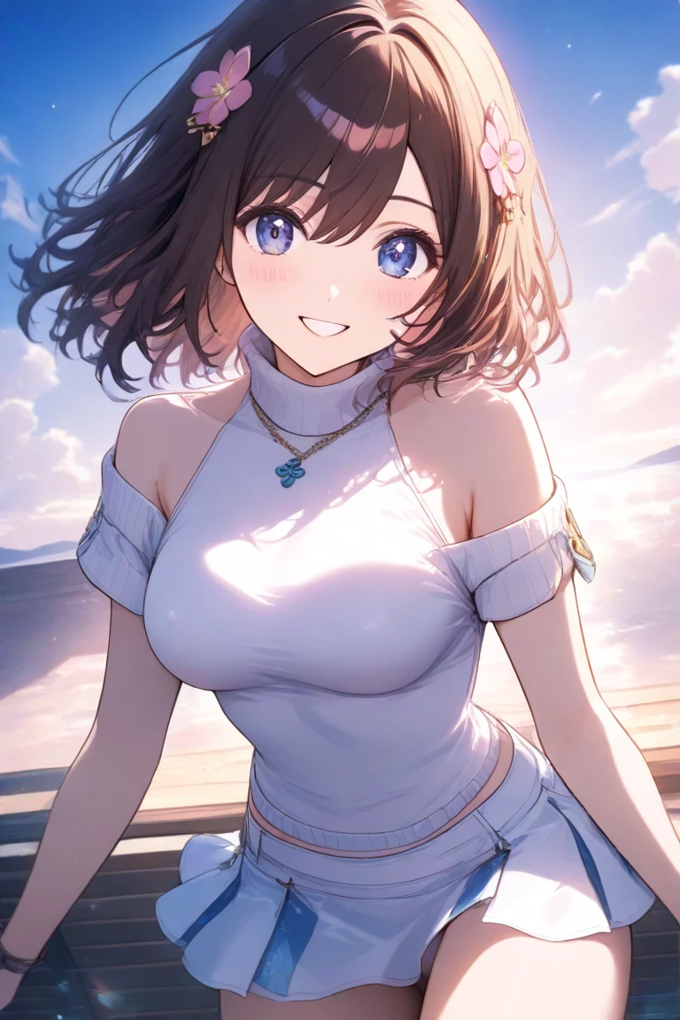 anime illustration, ((((highest quality)))), (((Ultra-precision CG 16K))), (((masterpiece))), BREAK skinny body, slender waist, medium Breasts, (((perky breasts))), ((sagging breasts)), (covered nipples), (((tanned skin, tan lines))) , BREAK (written in detail of face, smiling, blush, determined expression, sweaty , Heavy breathing, embarrassed, ) , (natural make), BREAK narrow eyes, (streaked hair, hair intakes, colored inner hair, ) BREAK (((wearing printed oversized clothing , wearing wide-leg-pants, breasts is covered by outfit, (detailed panty), Narrow aisles,))) , wearing earrings , BREAK ( stick breast out,) BREAK (( ripples , horizon , under the cosmic sky on the cosmic sea , cosmic effects, a girl blended into the background )), (((close-up of face, bust-up shot, looking at viewer, ))), BREAK ((cinematic , from below , ((Distant view, Panorama)), looking at viewer, )) , pinup magazine pose, dancing