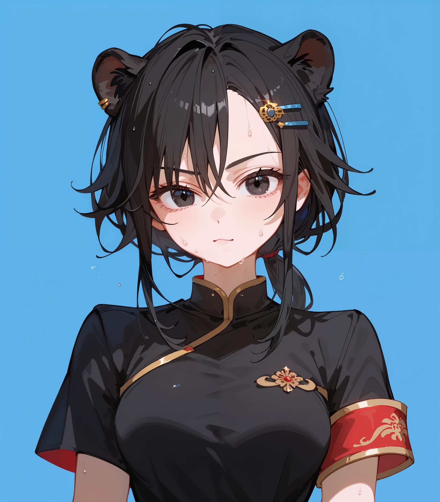 1 person,girl,black hair,Black Lion Ear,long hair,ringed hair,medium face,Short Sleeve Shirt,Cute,cute look, with lion tail ,Armband,light blue background, in black eyes,Sharp eyes,beautiful,Black ears,Predator ,Fierce face,girlยbeautiful,พี่girlสุดbeautiful,Slim Gold Hairpin,medium breasts, low ponytail ,Blue Pointed Head Fabric,sweat,Black suit,standing,upper body shape