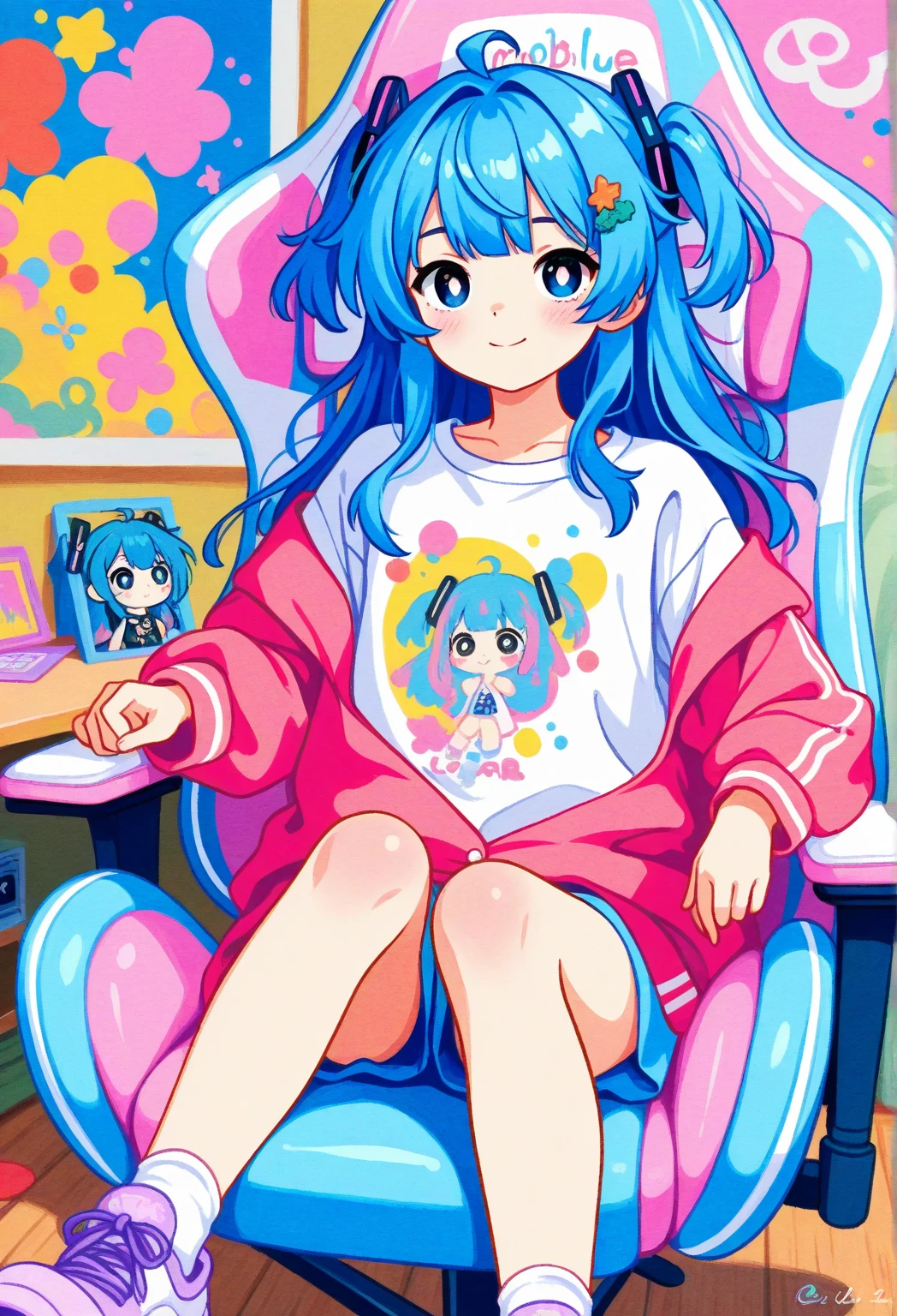 Nursery Lime Kururu Shikishima Blue-haired The long-haired Pink hair fasteners Animal ears childish girl with pink clothing student clothes Animal tail buttock Panchira