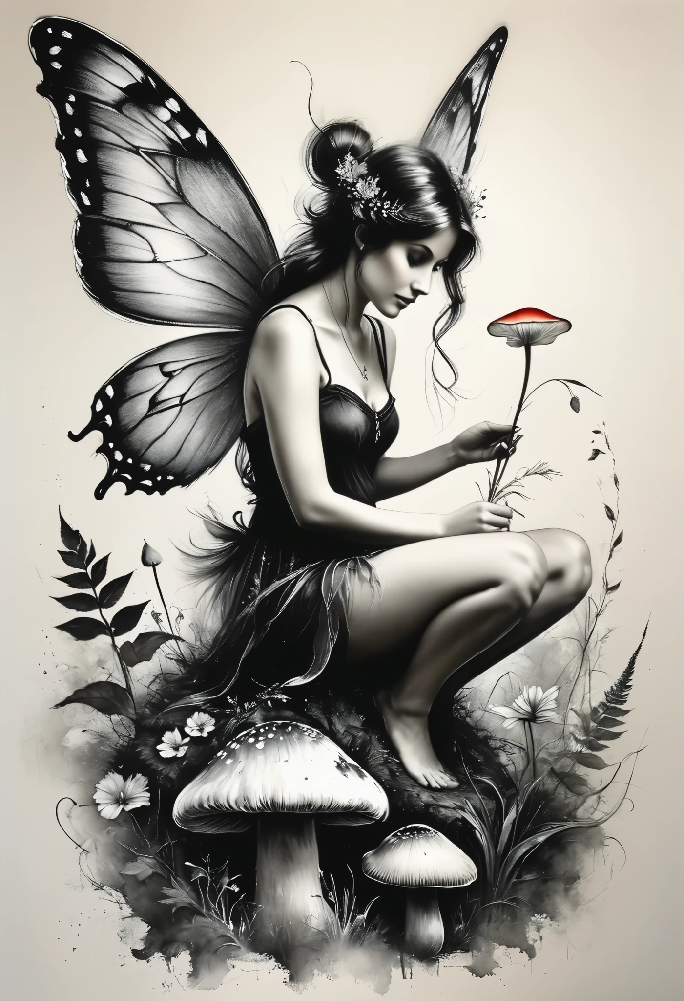 Charcoal and chalk drawings. Create a gentle and whimsical tattoo featuring a fairy with thin wings, sitting on a mushroom. The tattoo has a magical and playful meaning, symbolizing the wonder of your life. The tattoo is designed with floral accents, giving it a charming and ethereal look.
Anders Zorn style painting workshop, by Aleksi Briclot, Luis Royo