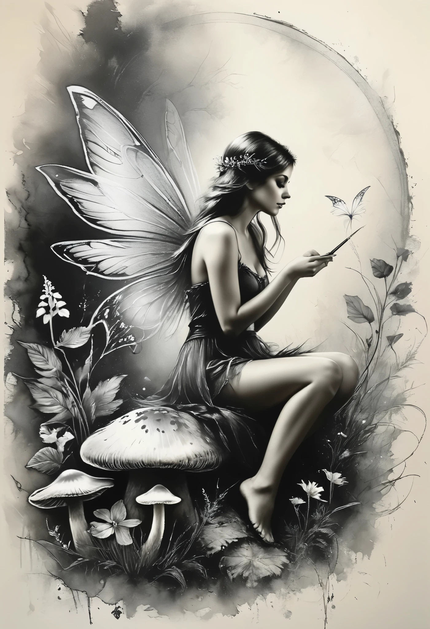 Charcoal and chalk drawings. Create a gentle and whimsical tattoo featuring a fairy with thin wings, sitting on a mushroom. The tattoo has a magical and playful meaning, symbolizing the wonder of your life. The tattoo is designed with floral accents, giving it a charming and ethereal look.
Anders Zorn style painting workshop, by Aleksi Briclot,  Luis Royo 