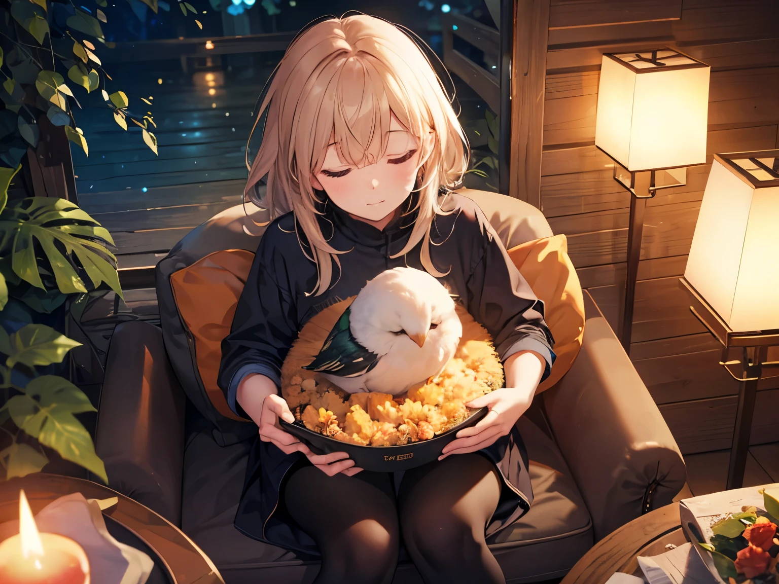 The parent of a sleeping little bird ,forest,nature,relax,peace,fantasy,4K,8k,high resolution,masterpiece,is extremely tight,warm and cozy,high resolution,超high resolution,studio lighting,High quality DVD, bright,Bokeh